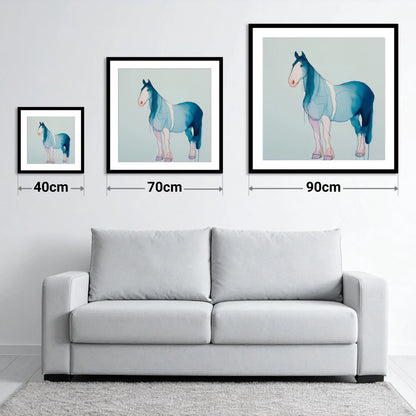 Fluid Cerulean Equine - size guide showing 40cm, 70cm and 90cm art prints