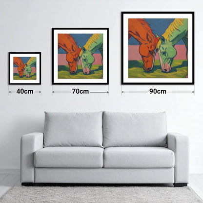 Painted Pasture Companions - size guide showing 40cm, 70cm and 90cm art prints