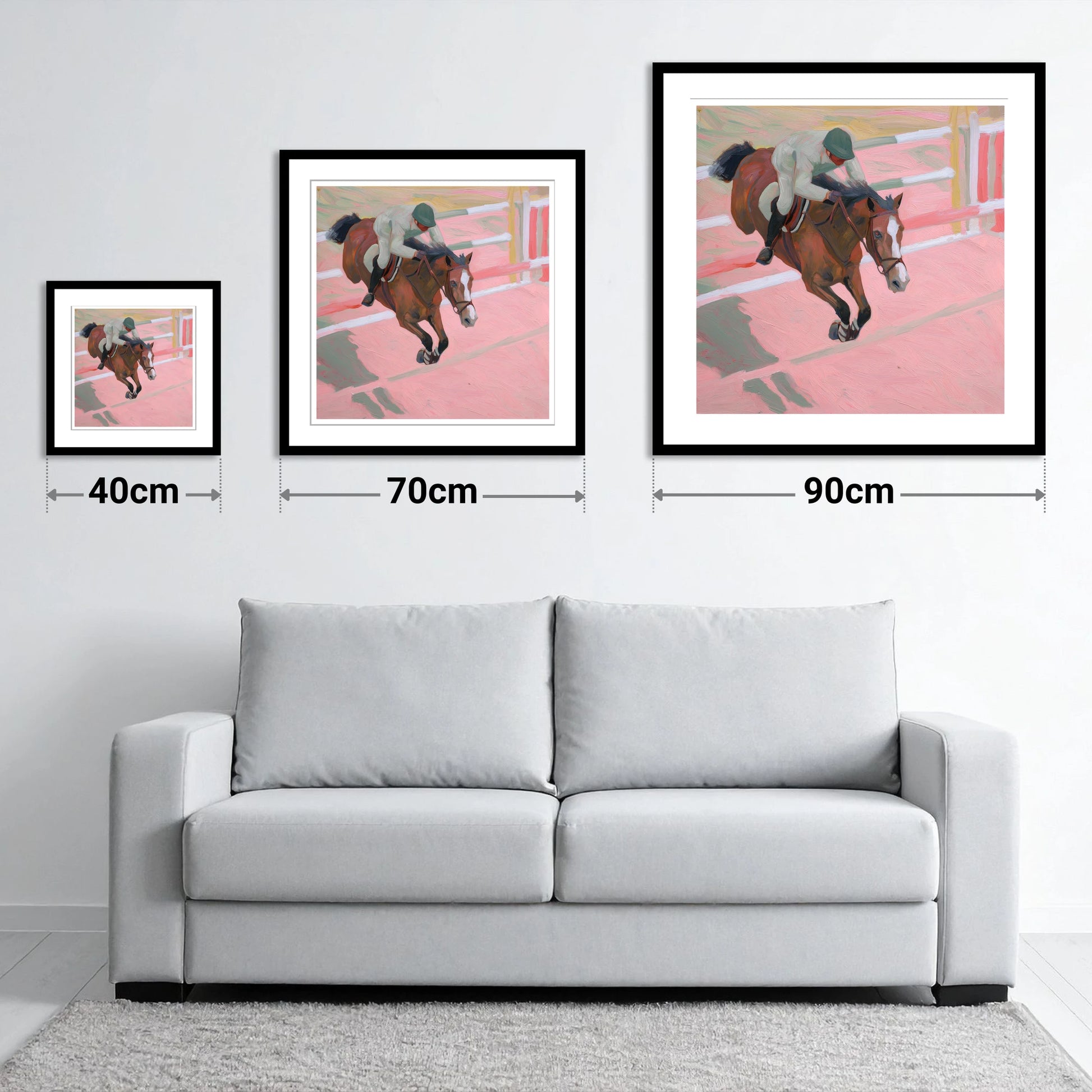 Suspended in Pink - size guide showing 40cm, 70cm and 90cm art prints