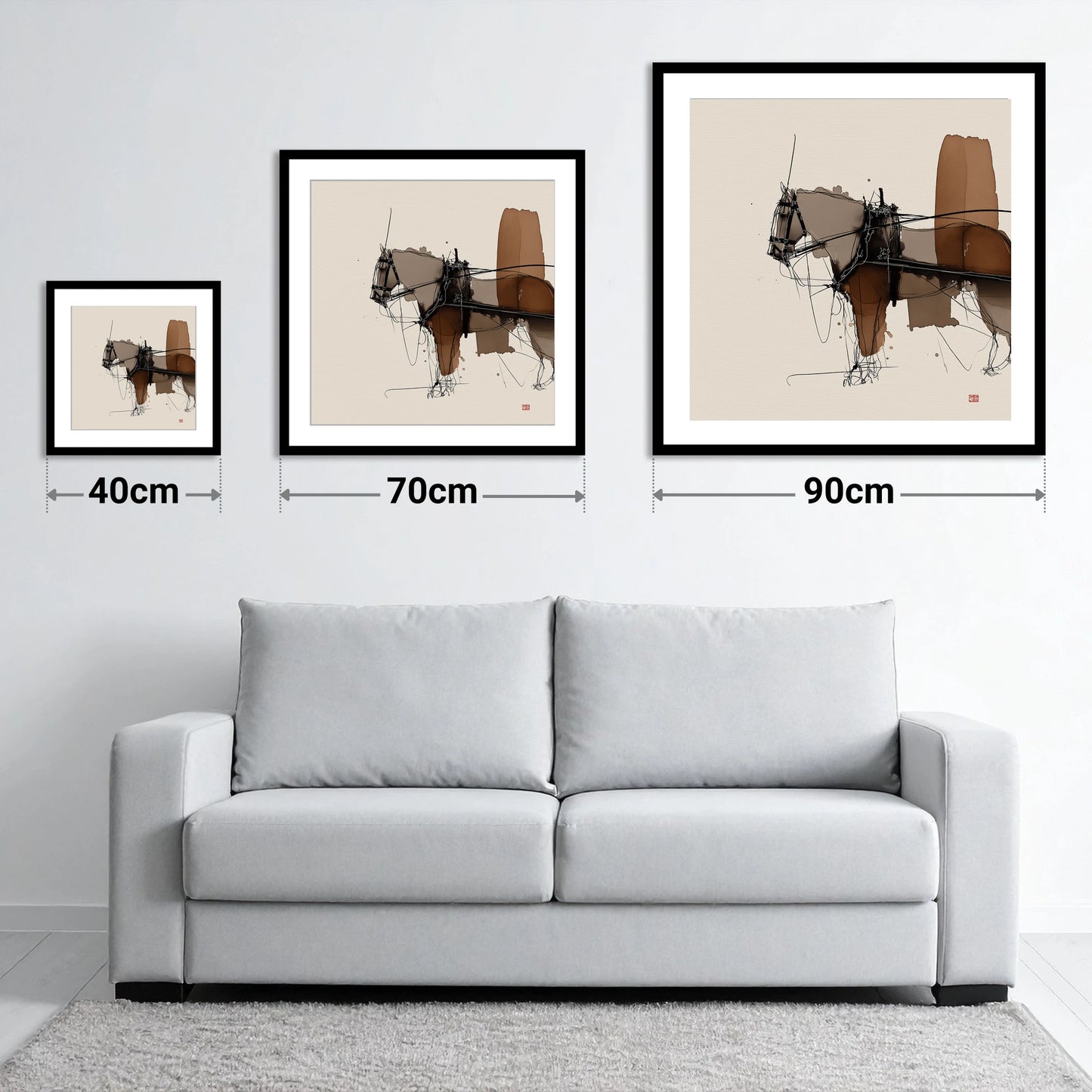 Harnessed Form - size guide showing 40cm, 70cm and 90cm art prints