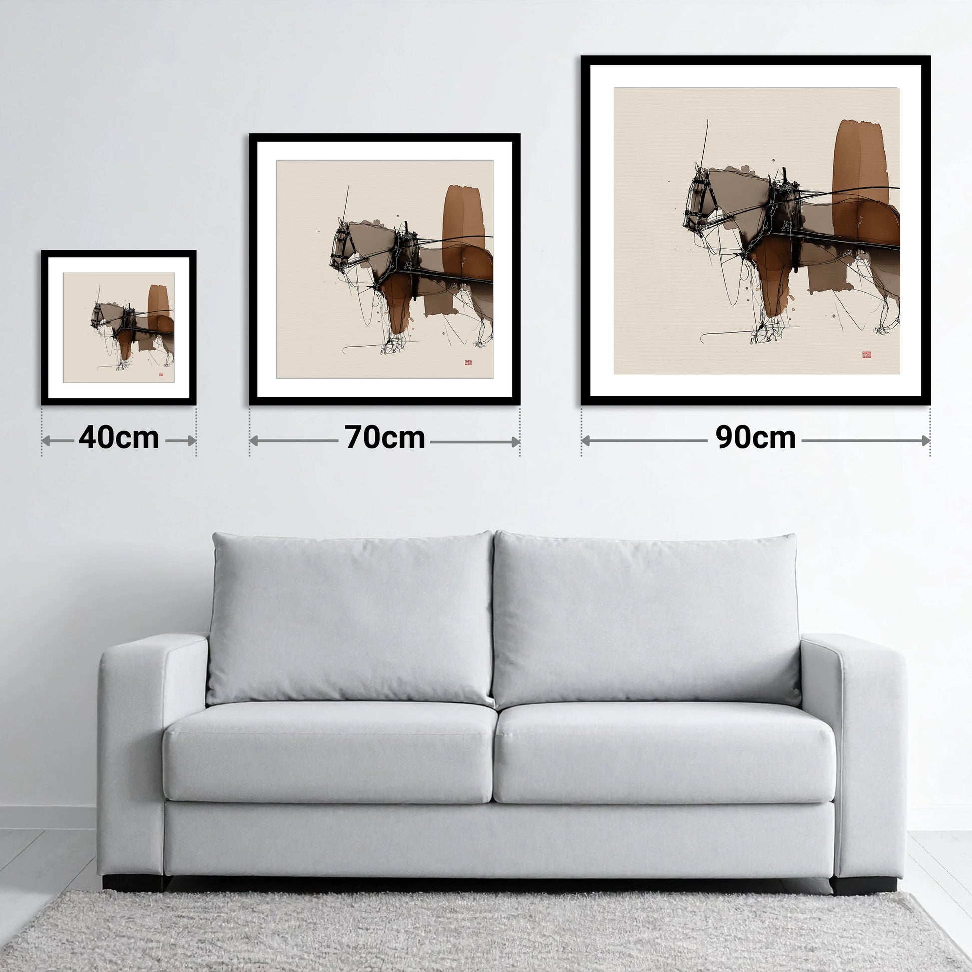 Harnessed Form - size guide showing 40cm, 70cm and 90cm art prints