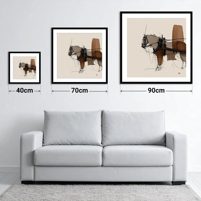 Harnessed Form - size guide showing 40cm, 70cm and 90cm art prints