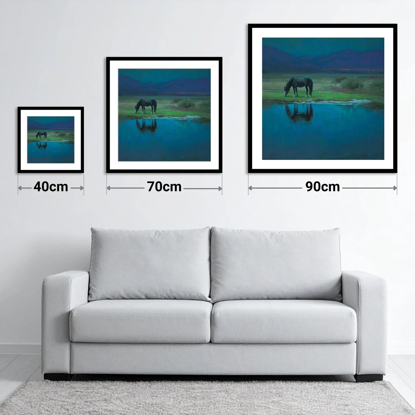 Midnight Reflection - size guide showing 40cm, 70cm and 90cm art prints