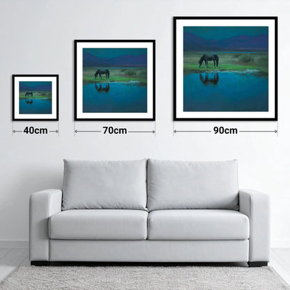 Midnight Reflection - size guide showing 40cm, 70cm and 90cm art prints