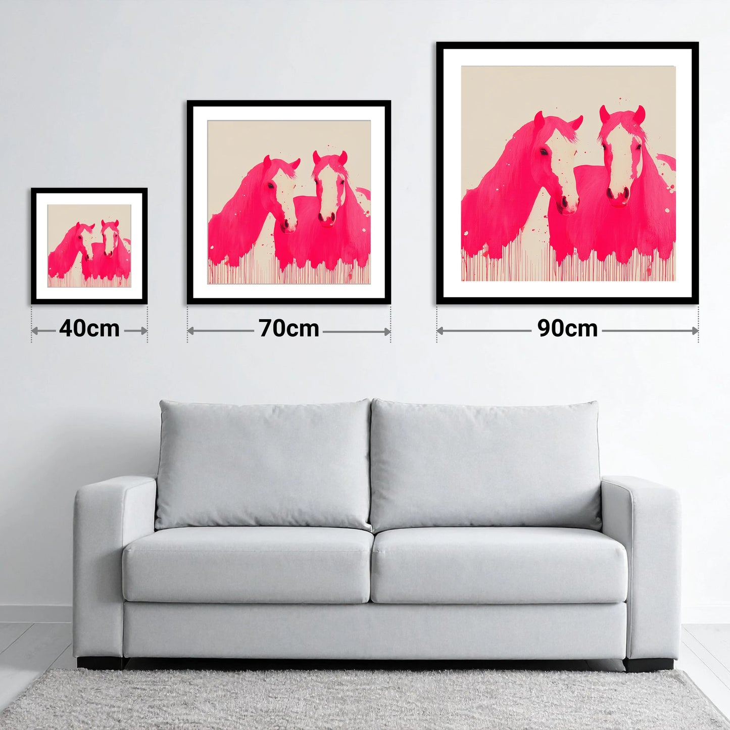 Vivid Magenta Pair - size guide showing 40cm, 70cm and 90cm art prints