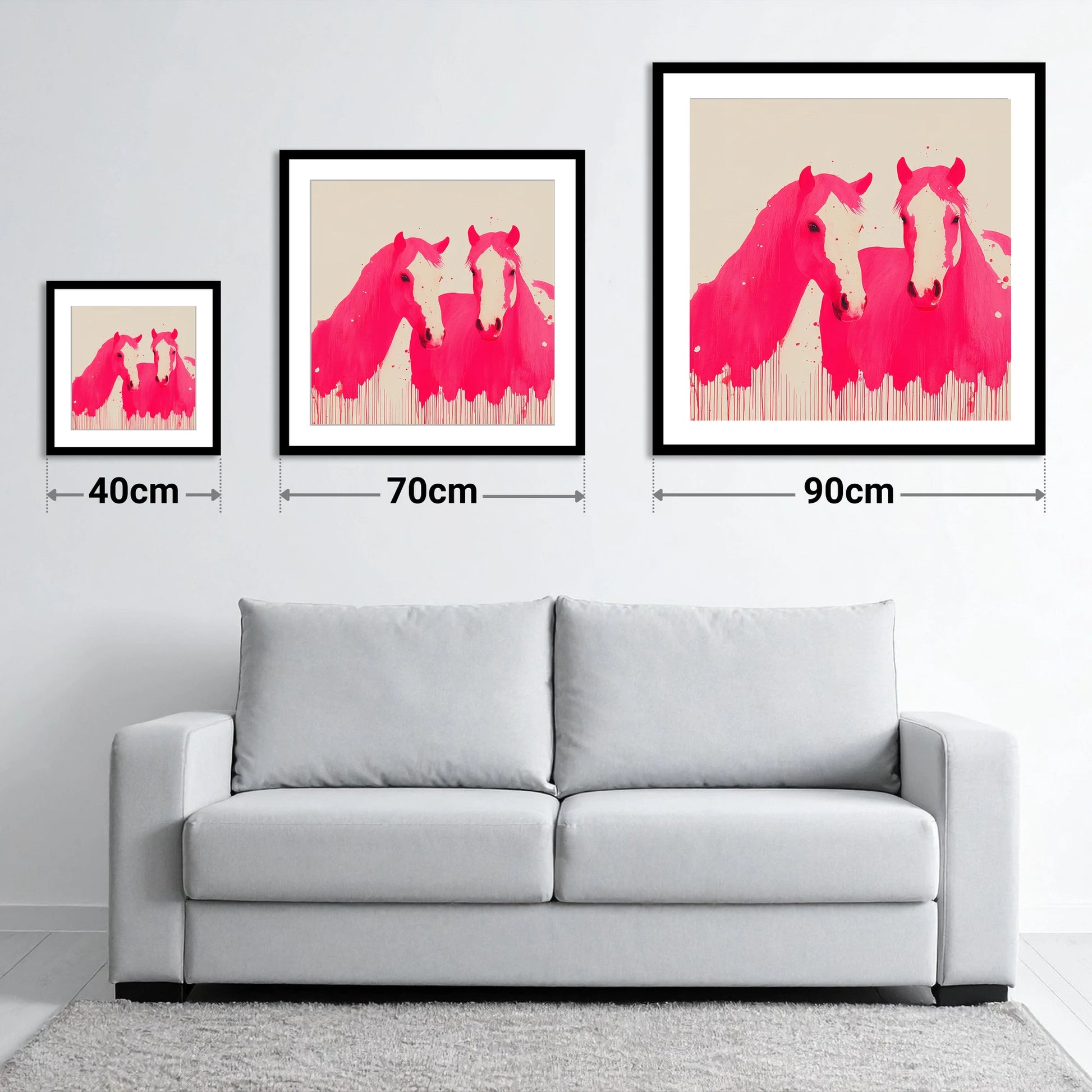 Vivid Magenta Pair - size guide showing 40cm, 70cm and 90cm art prints