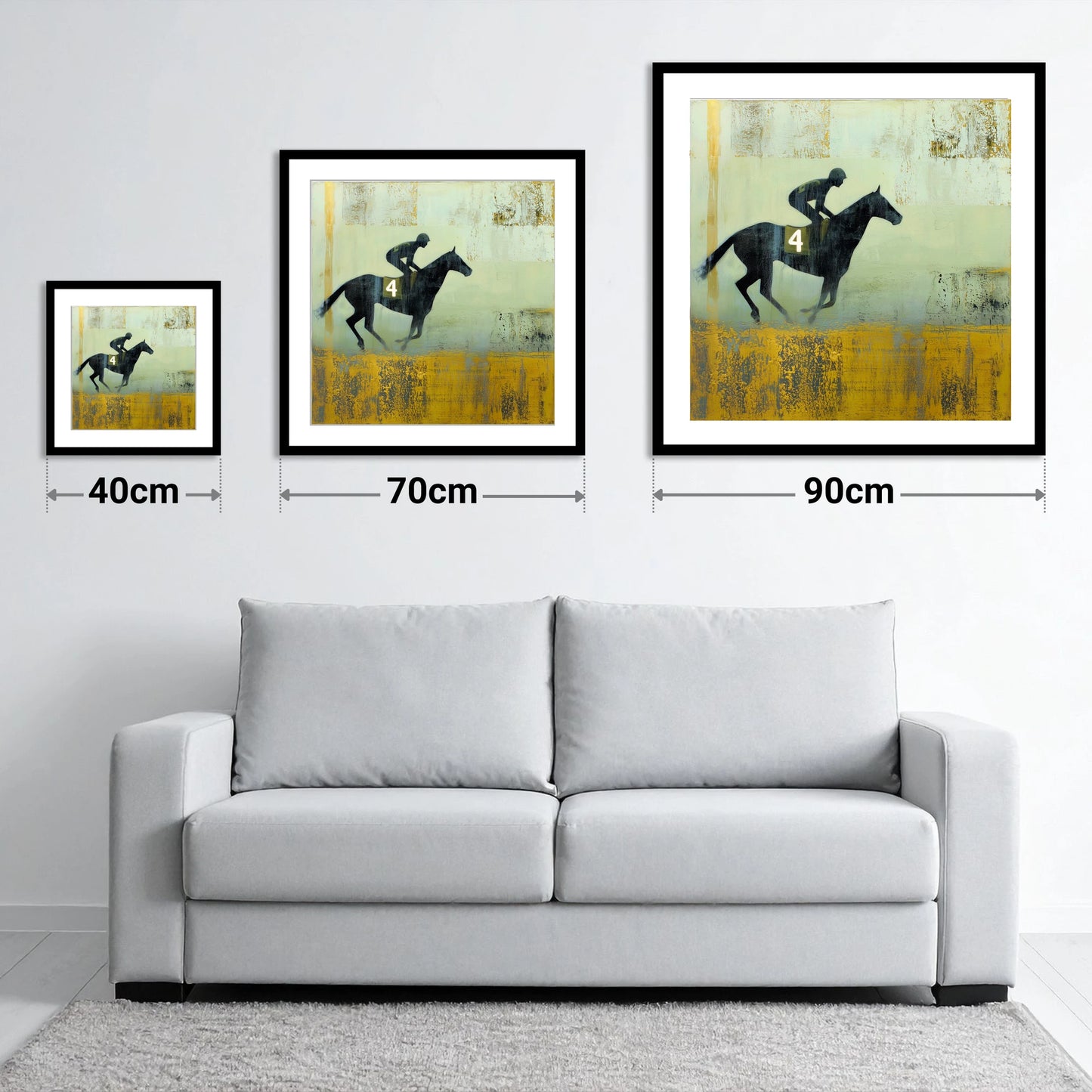 Gilded Number Four - size guide showing 40cm, 70cm and 90cm art prints