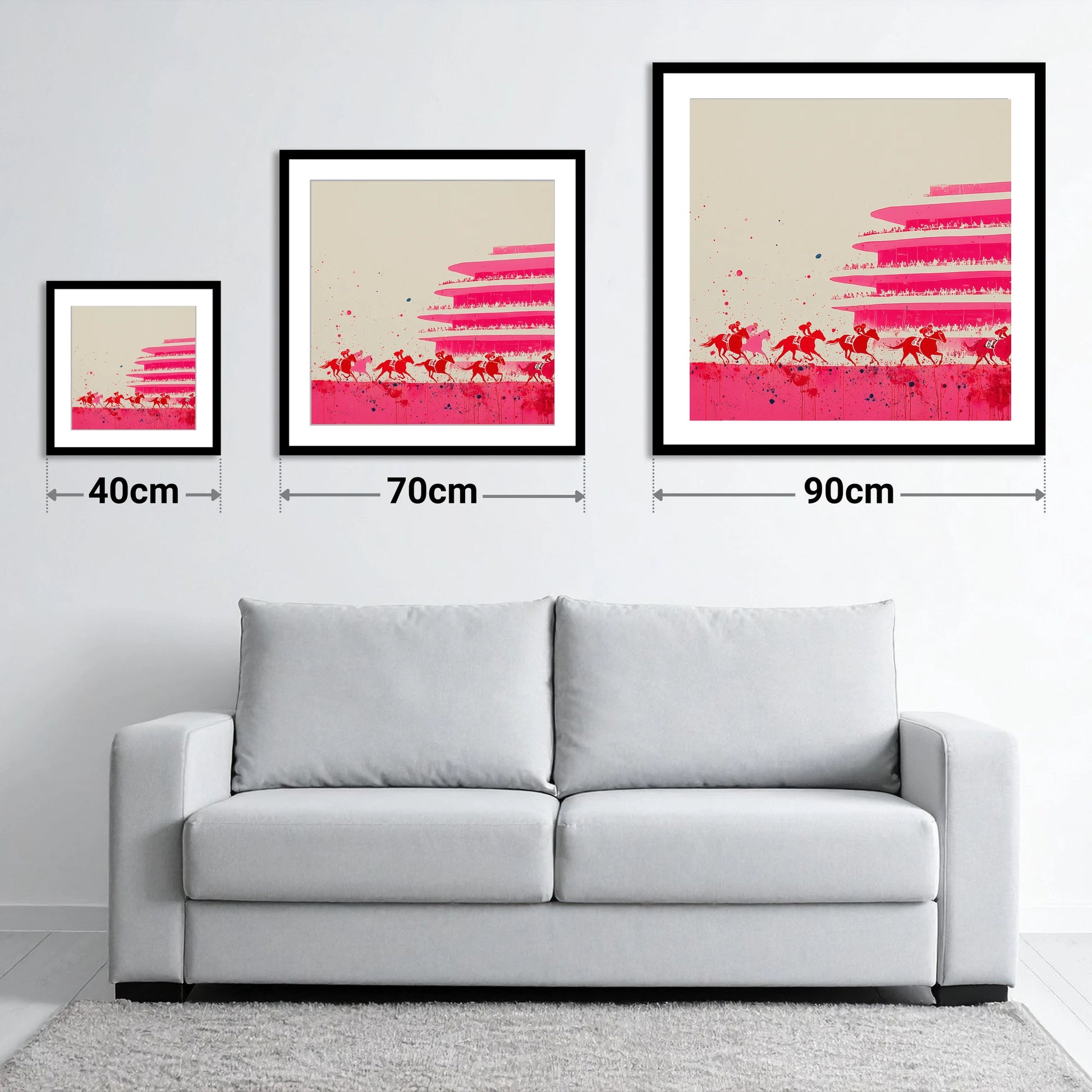 Magenta Grandstand Sprint - size guide showing 40cm, 70cm and 90cm art prints