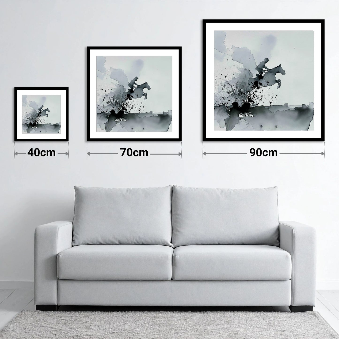 Monochrome Momentum - size guide showing 40cm, 70cm and 90cm art prints