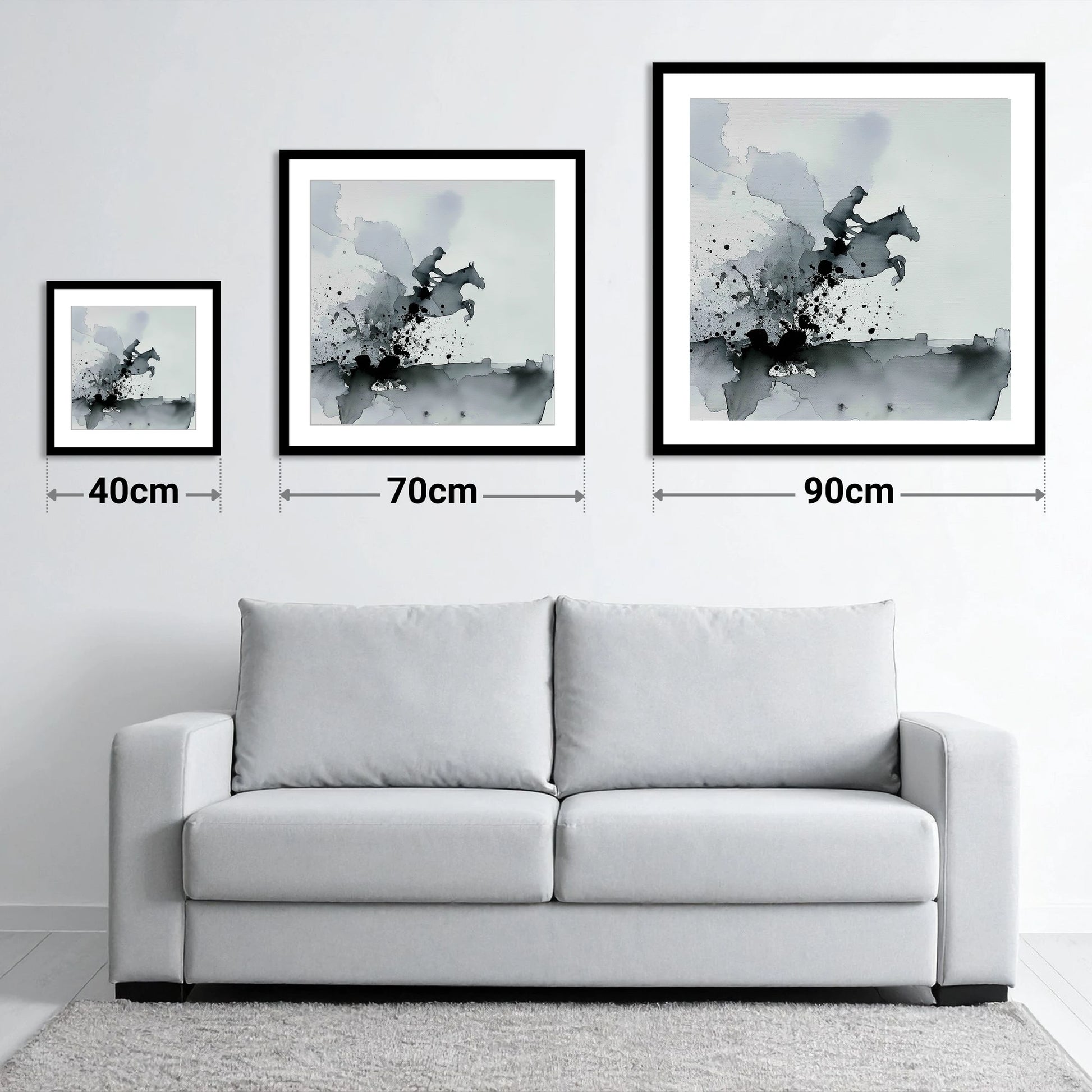 Monochrome Momentum - size guide showing 40cm, 70cm and 90cm art prints