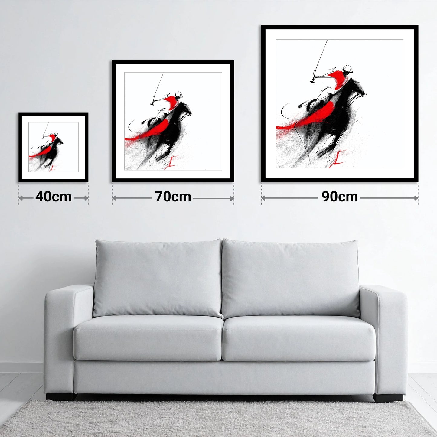 Dynamic Strike - size guide showing 40cm, 70cm and 90cm art prints