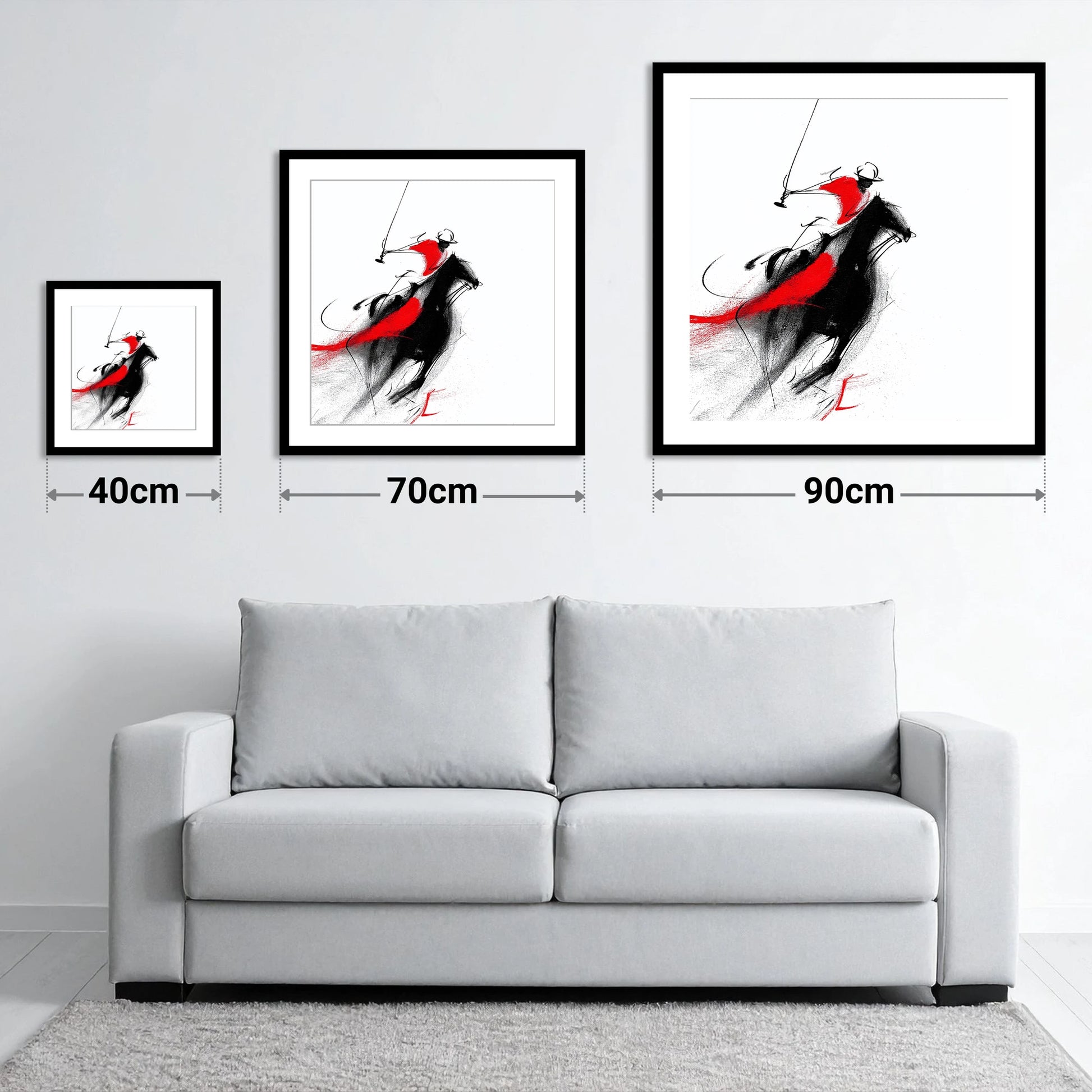 Dynamic Strike - size guide showing 40cm, 70cm and 90cm art prints
