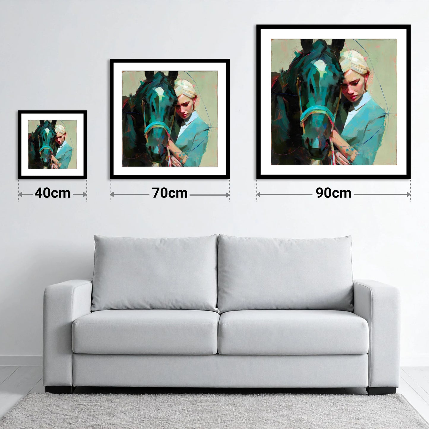 Silent Understanding - size guide showing 40cm, 70cm and 90cm art prints
