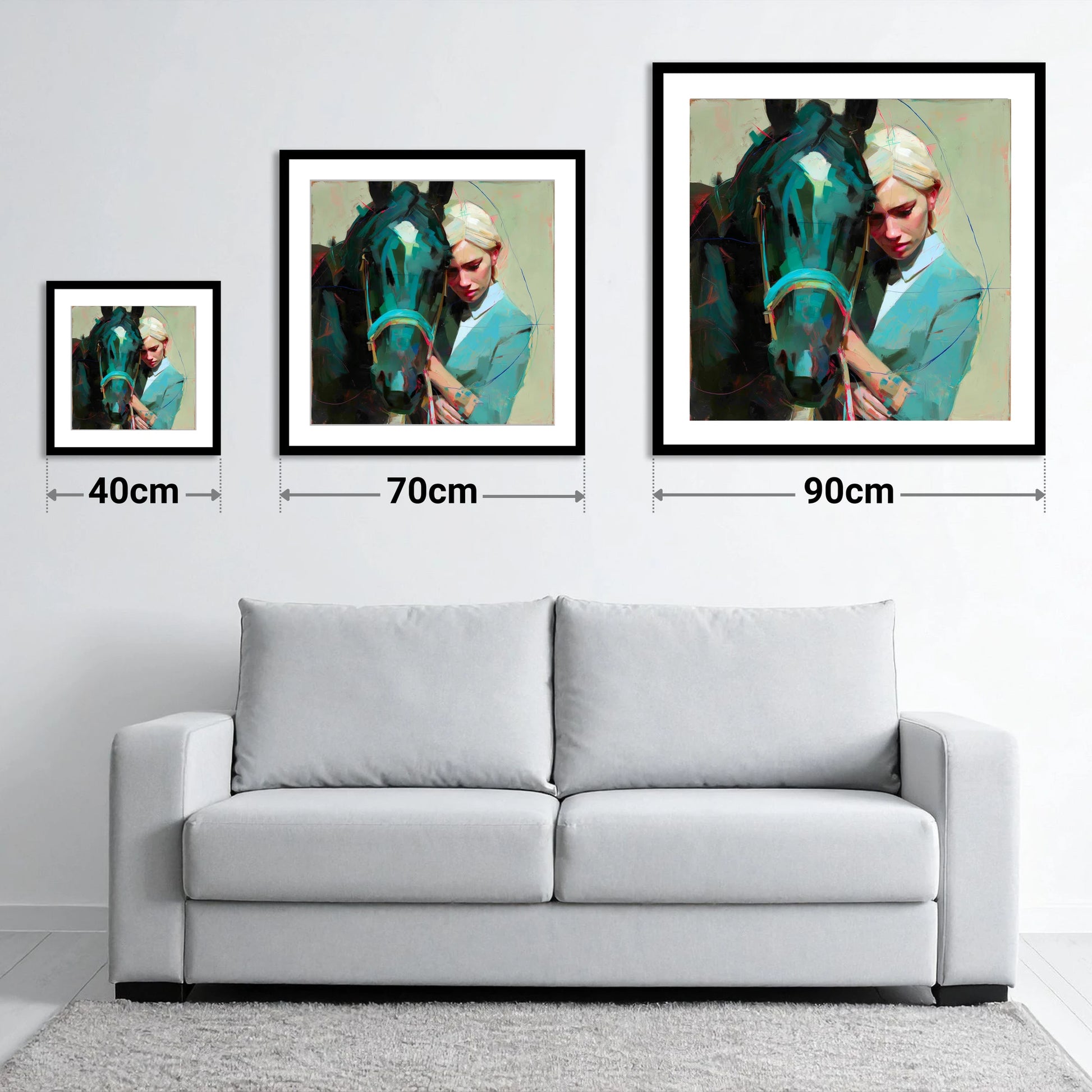 Silent Understanding - size guide showing 40cm, 70cm and 90cm art prints