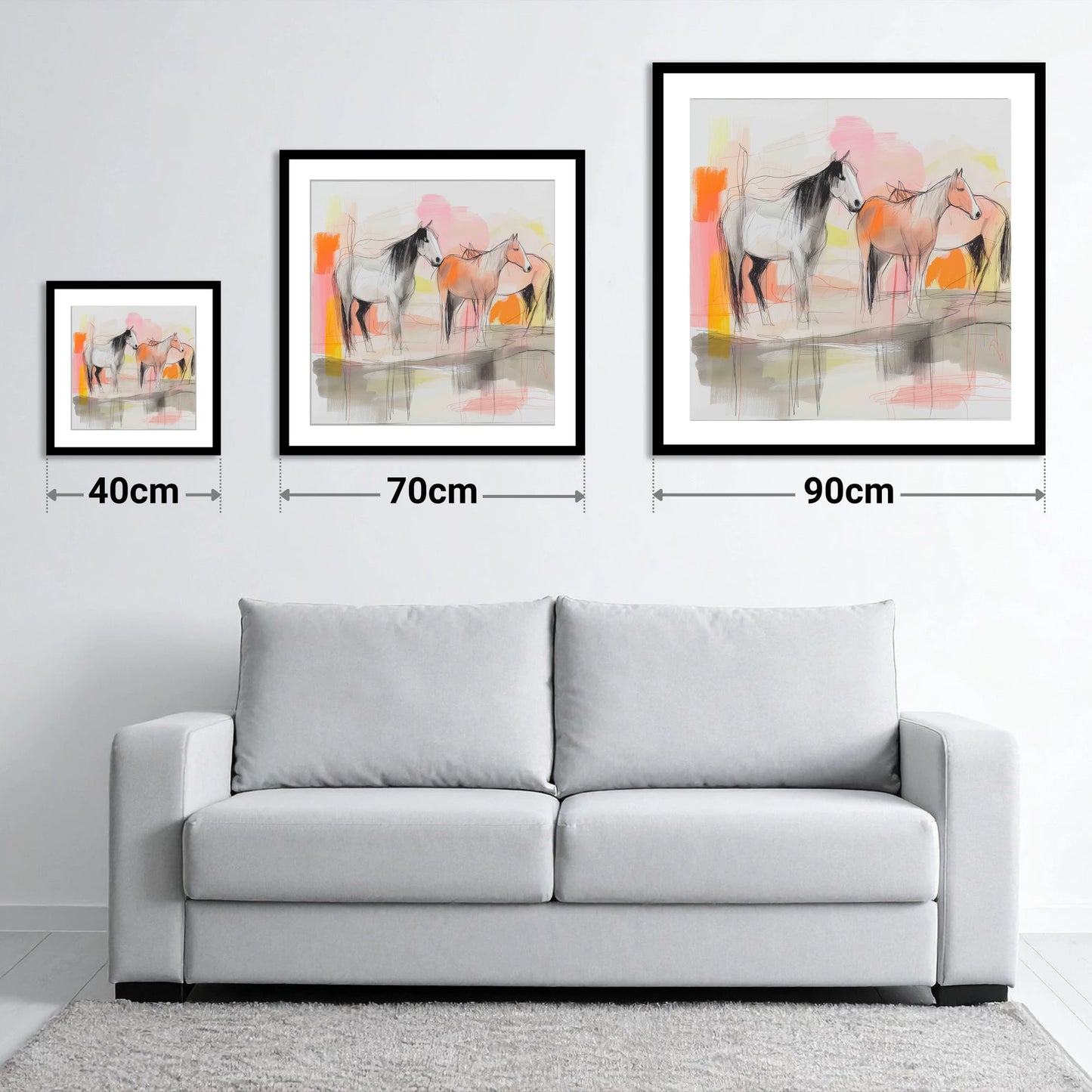 Sunset Harmony on the Plains - size guide showing 40cm, 70cm and 90cm art prints