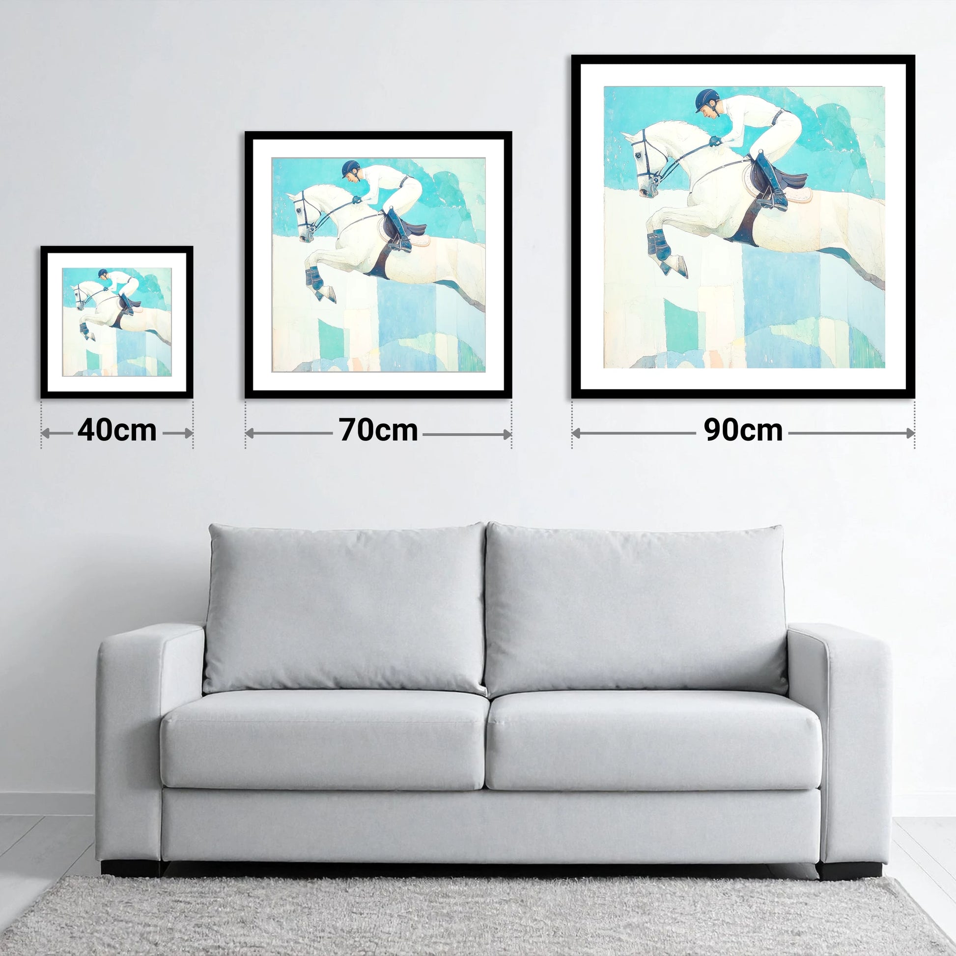 Teal Ascent - size guide showing 40cm, 70cm and 90cm art prints