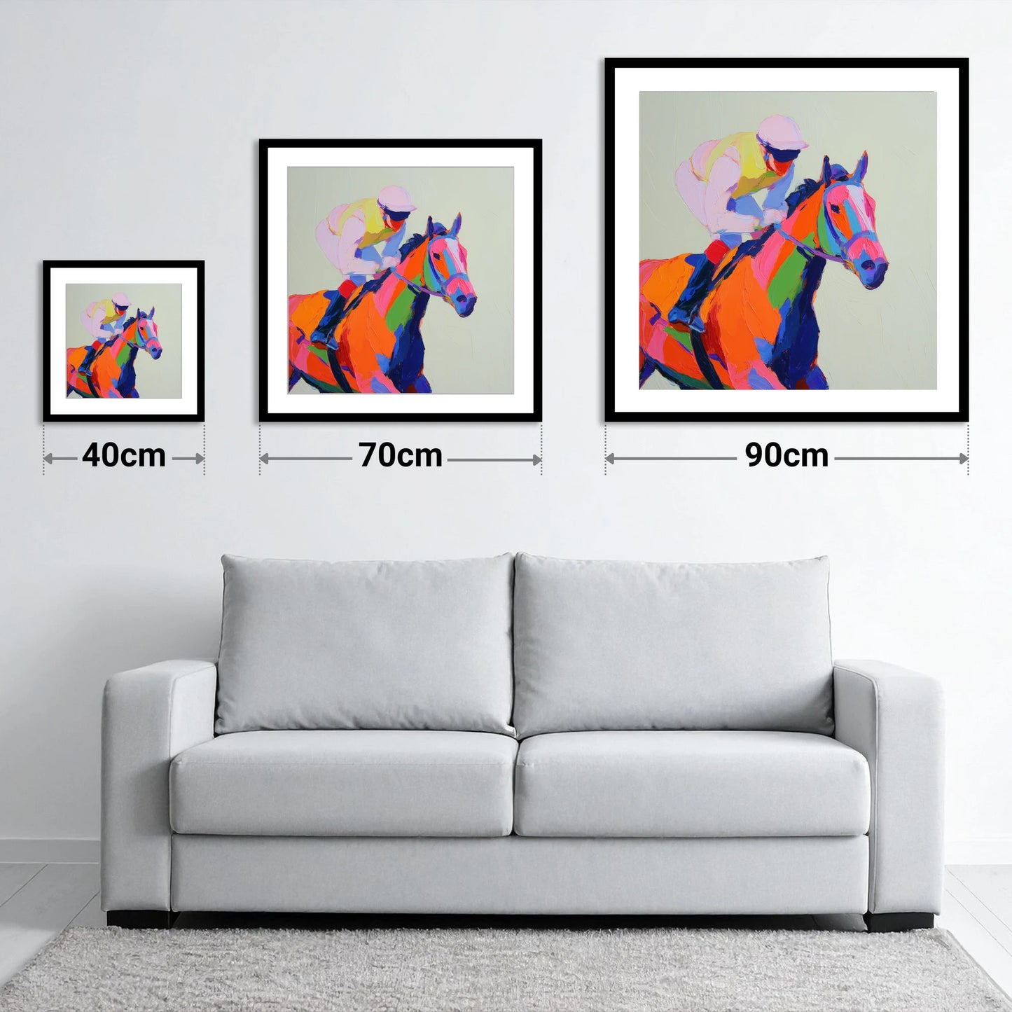Vibrant Final Furlong - size guide showing 40cm, 70cm and 90cm art prints