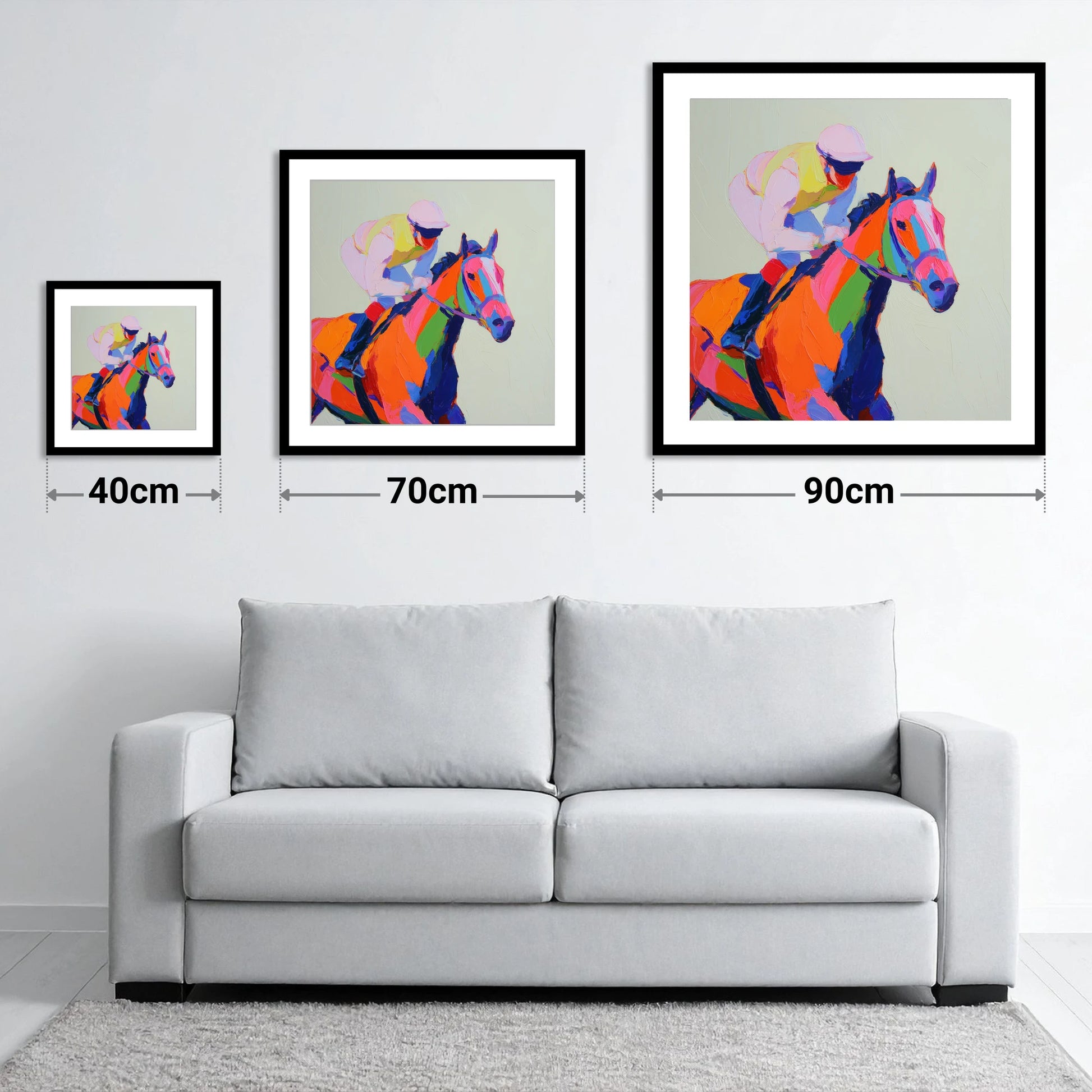 Vibrant Final Furlong - size guide showing 40cm, 70cm and 90cm art prints