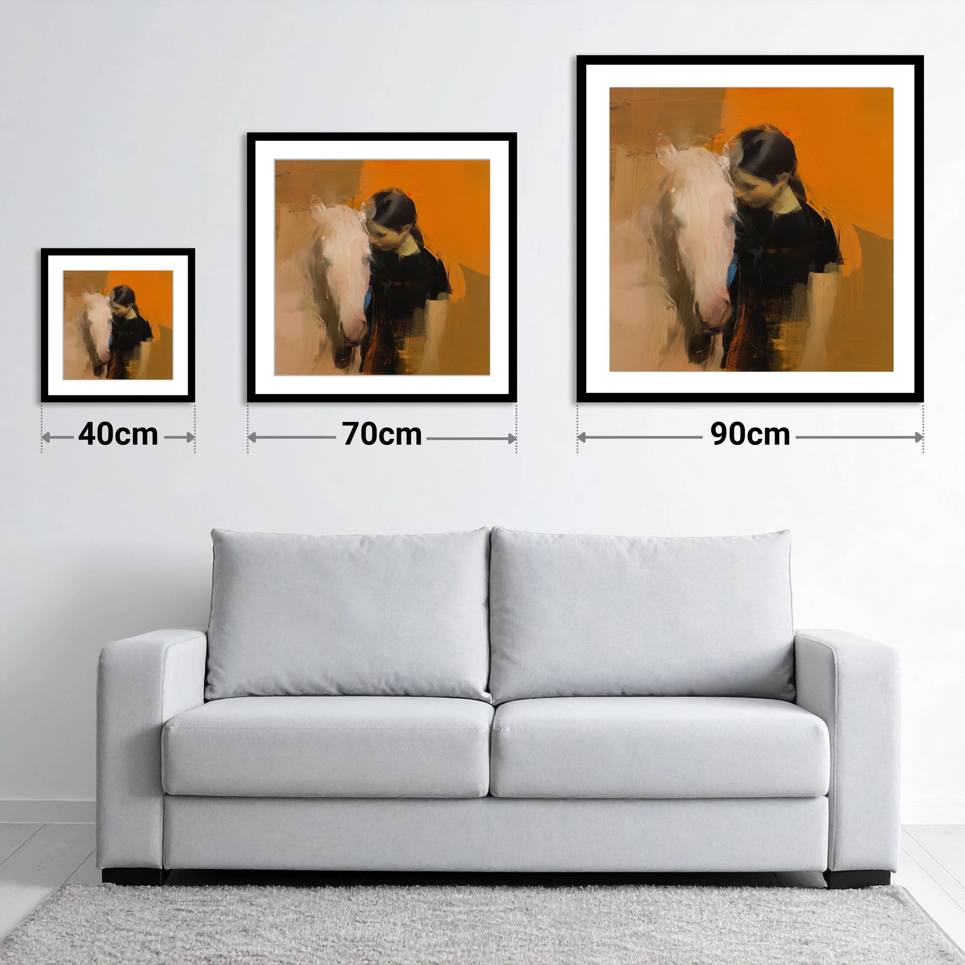 Unspoken Bond - size guide showing 40cm, 70cm and 90cm art prints