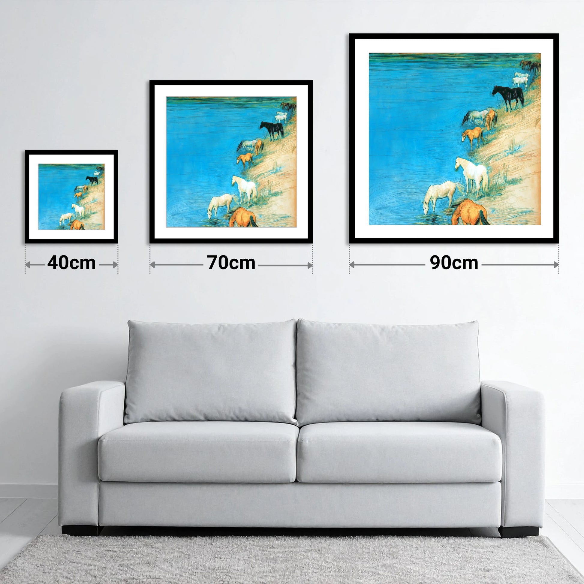 Cerulean River Herd - size guide showing 40cm, 70cm and 90cm art prints