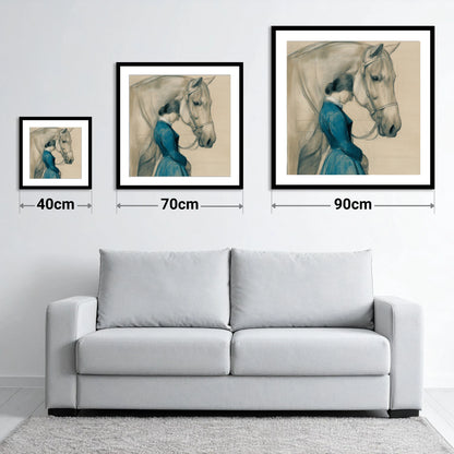 Solace in Stillness - size guide showing 40cm, 70cm and 90cm art prints
