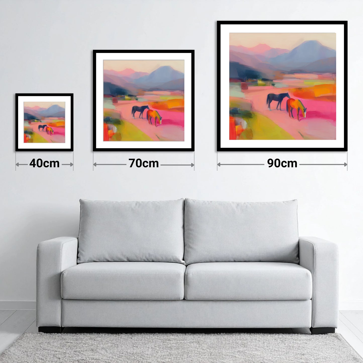 Vivid Horizons - size guide showing 40cm, 70cm and 90cm art prints