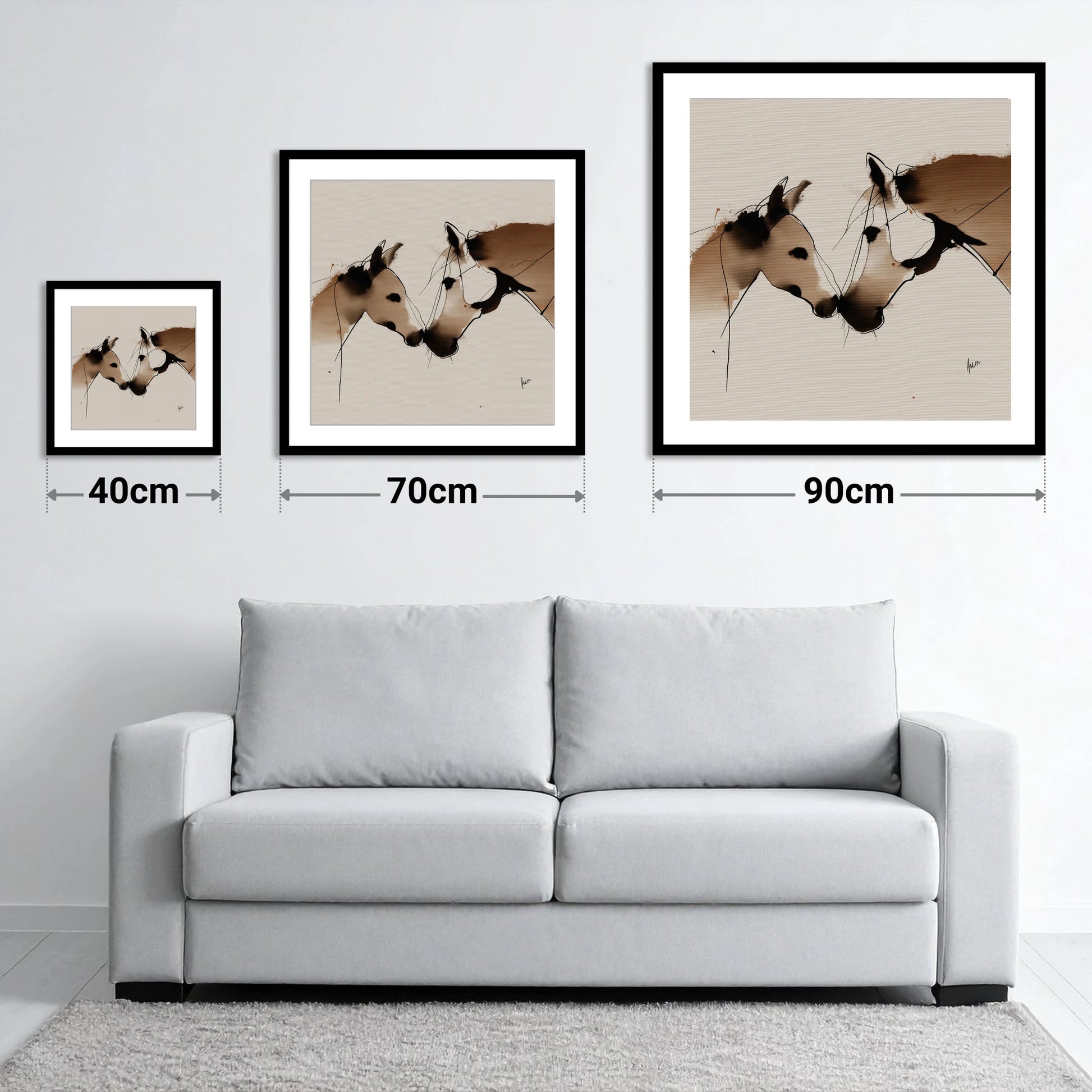 A Quiet Connection - size guide showing 40cm, 70cm and 90cm art prints