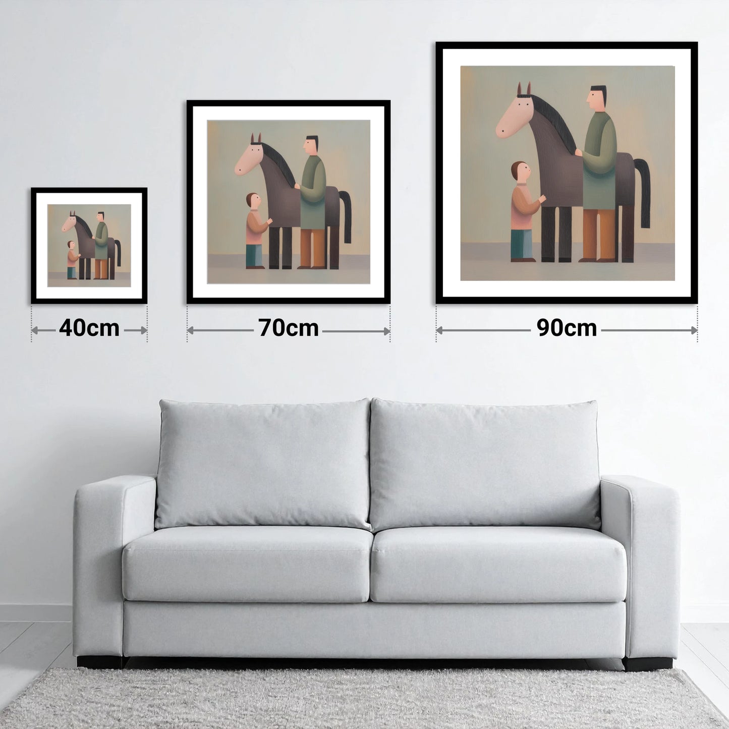 Shared Connection - size guide showing 40cm, 70cm and 90cm art prints
