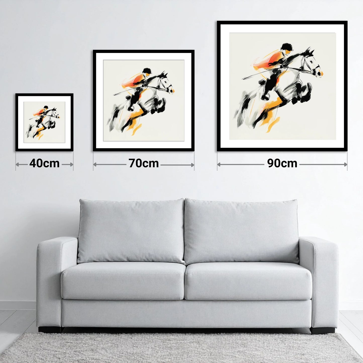 Suspended Momentum - size guide showing 40cm, 70cm and 90cm art prints
