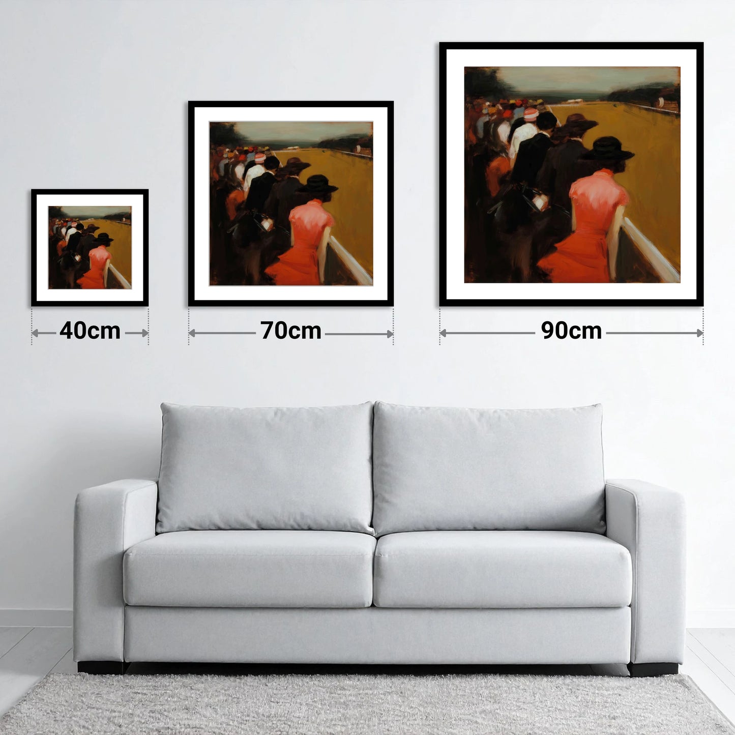 Anticipation at the Rails - size guide showing 40cm, 70cm and 90cm art prints
