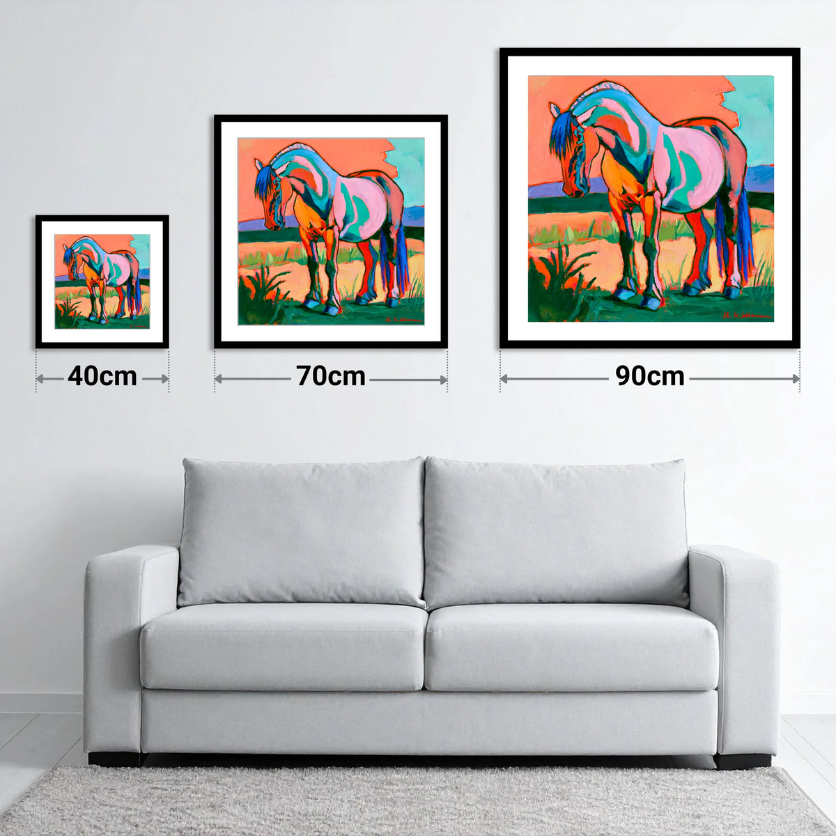 Colourful Contemporary Standing Horse - size guide showing 40cm, 70cm and 90cm art prints