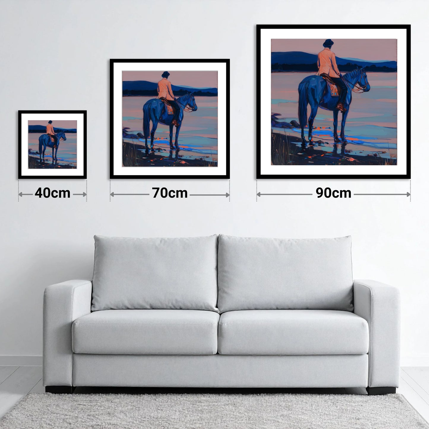 Indigo Coastal Hack - size guide showing 40cm, 70cm and 90cm art prints