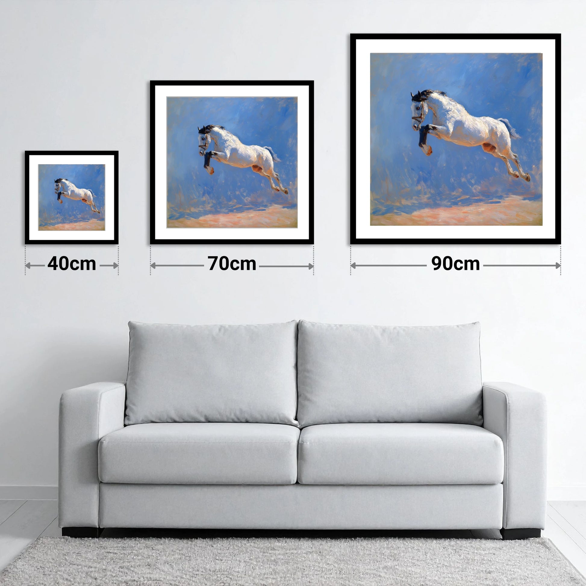 Luminous Leap - size guide showing 40cm, 70cm and 90cm art prints