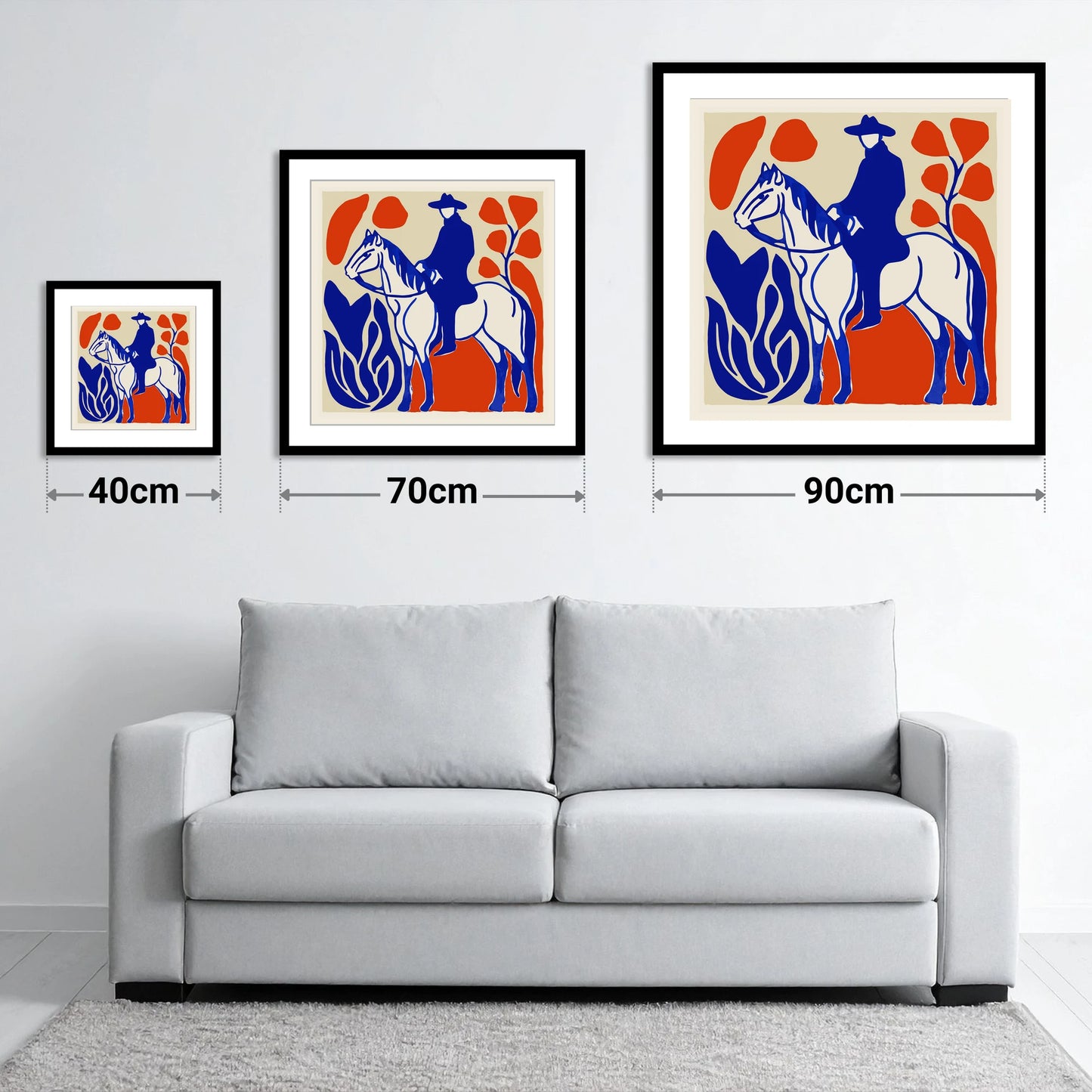The Cobalt Western Rider - size guide showing 40cm, 70cm and 90cm art prints
