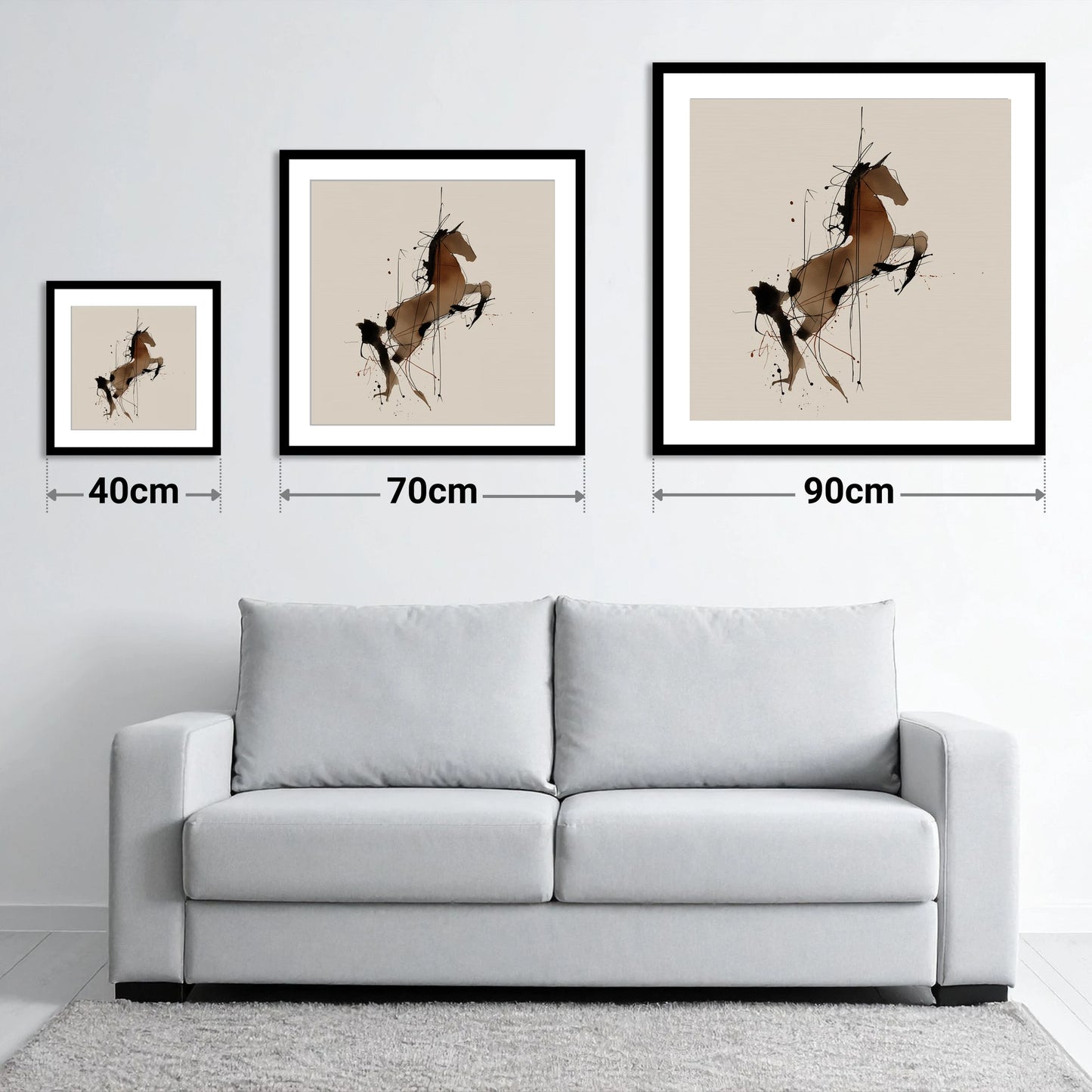 Rearing Spirit - size guide showing 40cm, 70cm and 90cm art prints