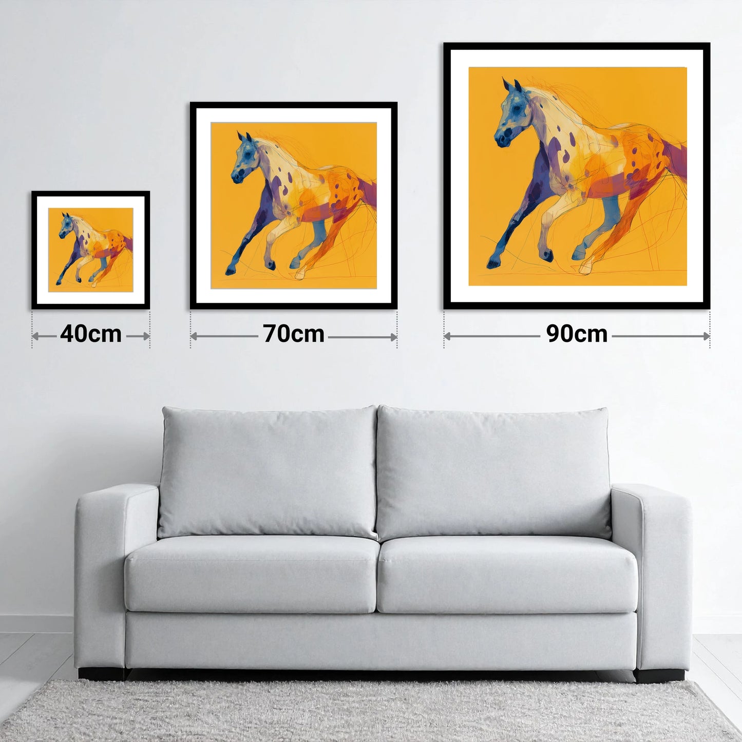 Painted Strides - size guide showing 40cm, 70cm and 90cm art prints