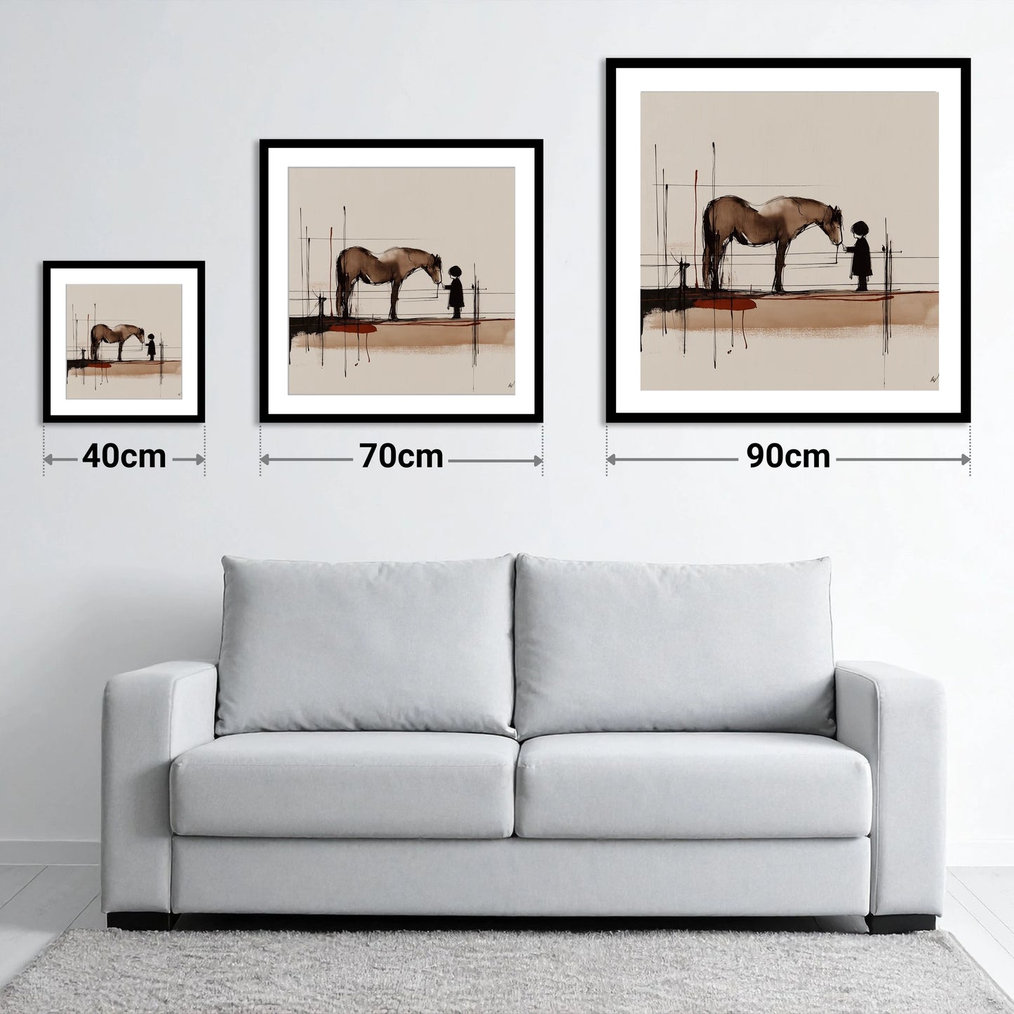 A Quiet Understanding - size guide showing 40cm, 70cm and 90cm art prints