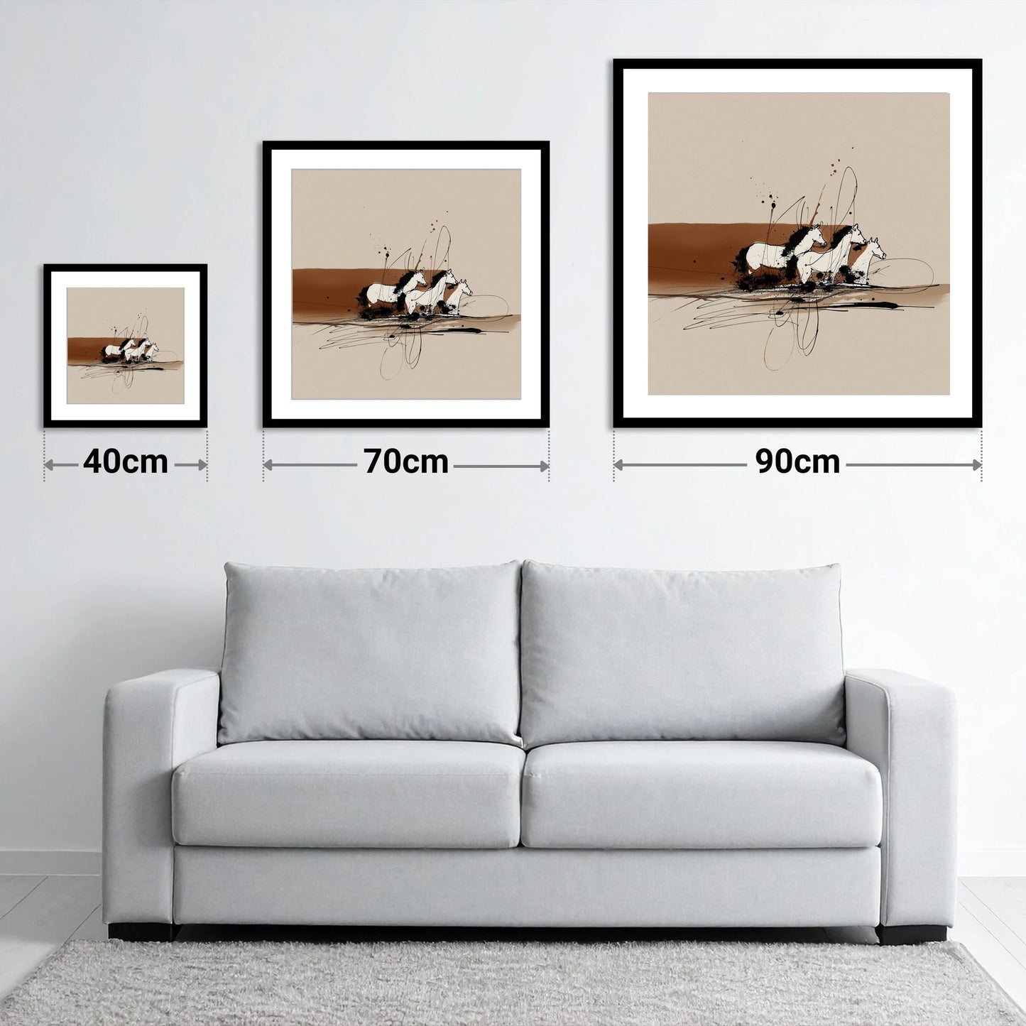 Freedom in Motion - size guide showing 40cm, 70cm and 90cm art prints