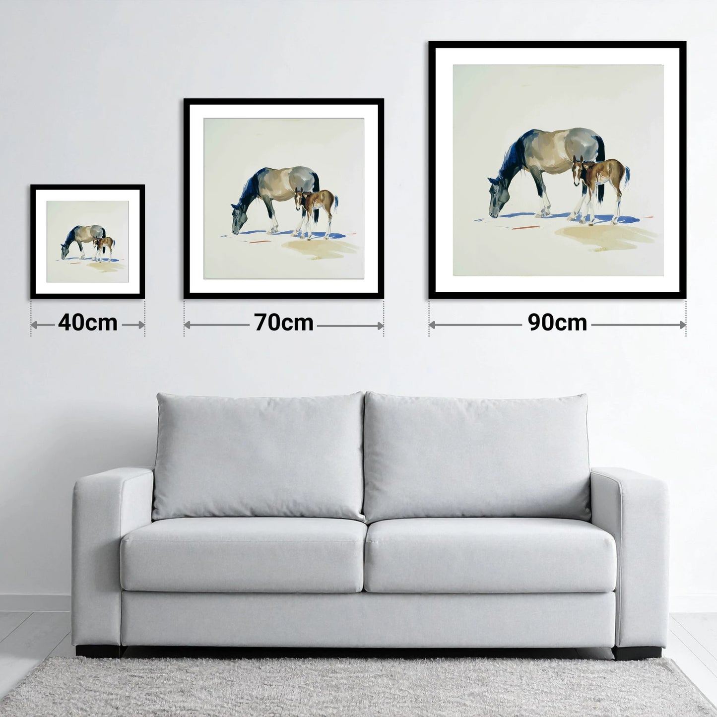 Spring Pasture Shadows - size guide showing 40cm, 70cm and 90cm art prints