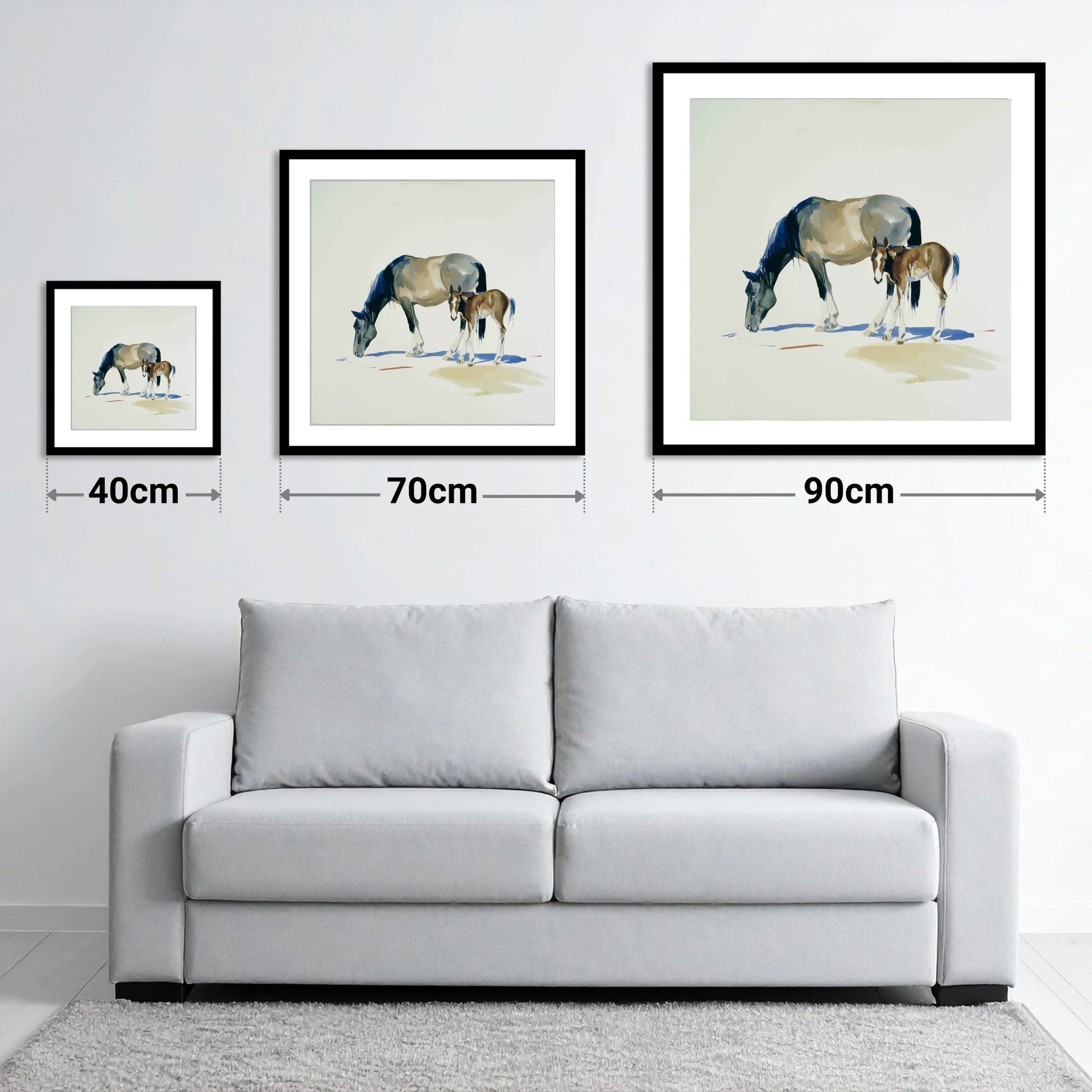 Spring Pasture Shadows - size guide showing 40cm, 70cm and 90cm art prints