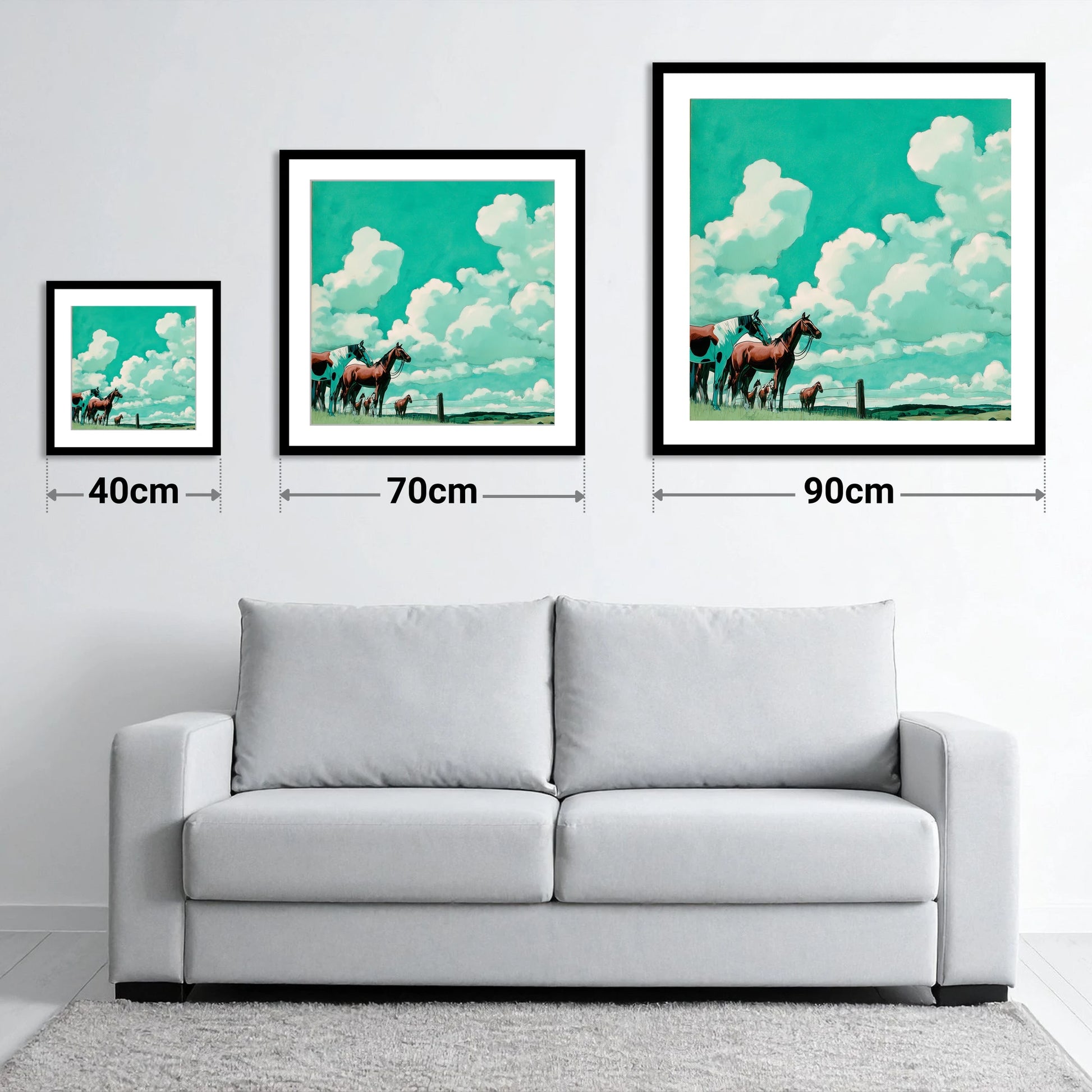 Turquoise Sky Herd - size guide showing 40cm, 70cm and 90cm art prints