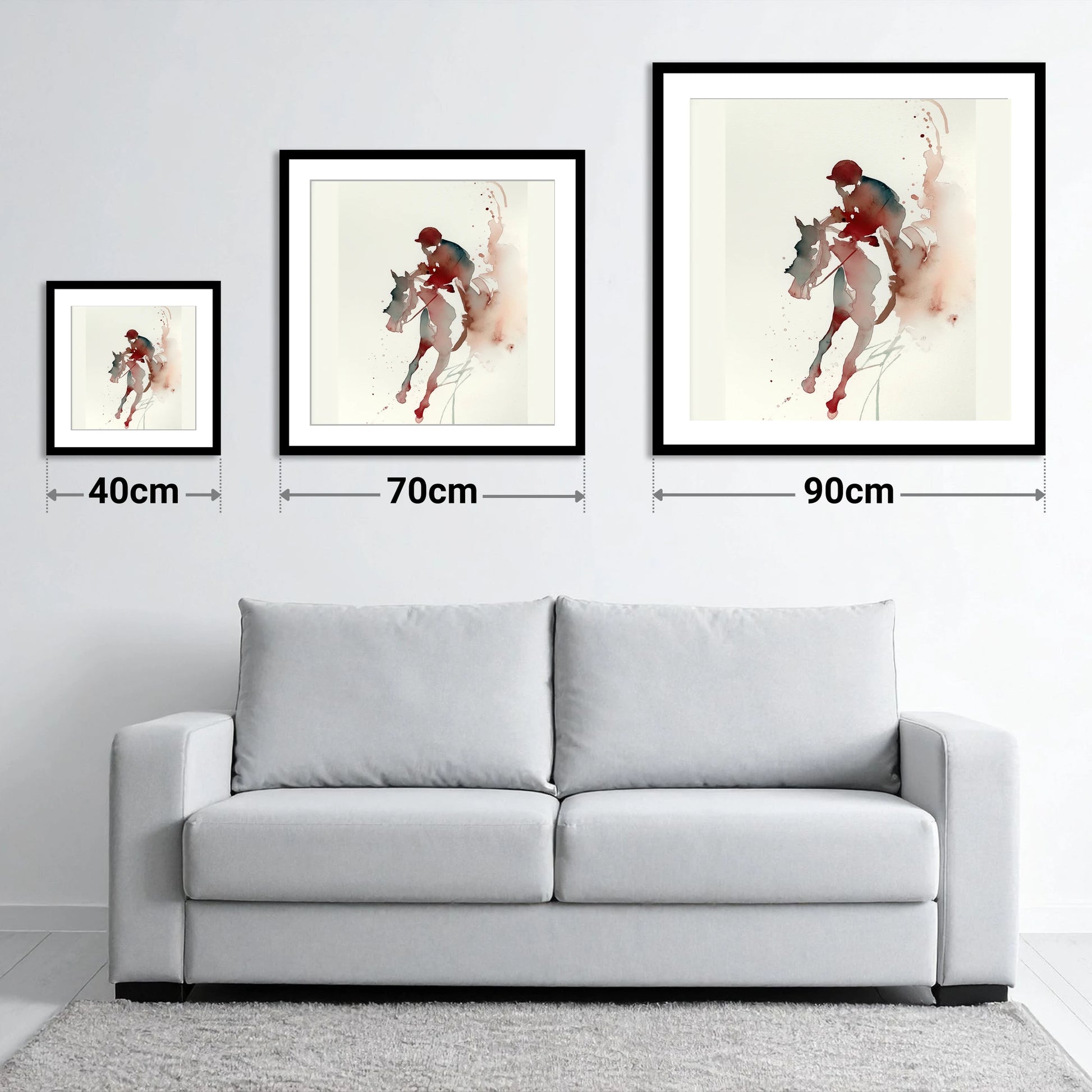 Crimson Gallop - size guide showing 40cm, 70cm and 90cm art prints