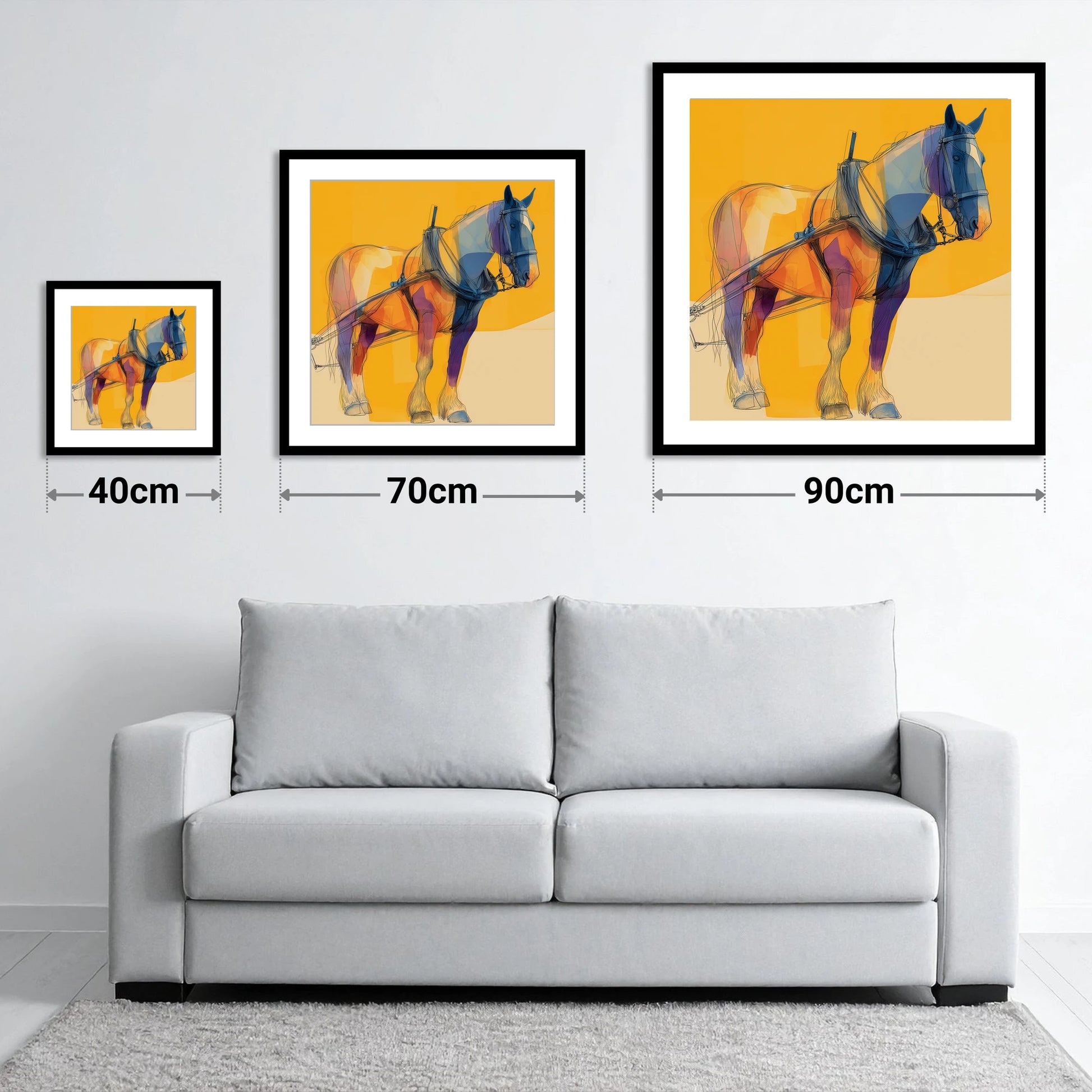 Modern Draught in Harness - size guide showing 40cm, 70cm and 90cm art prints