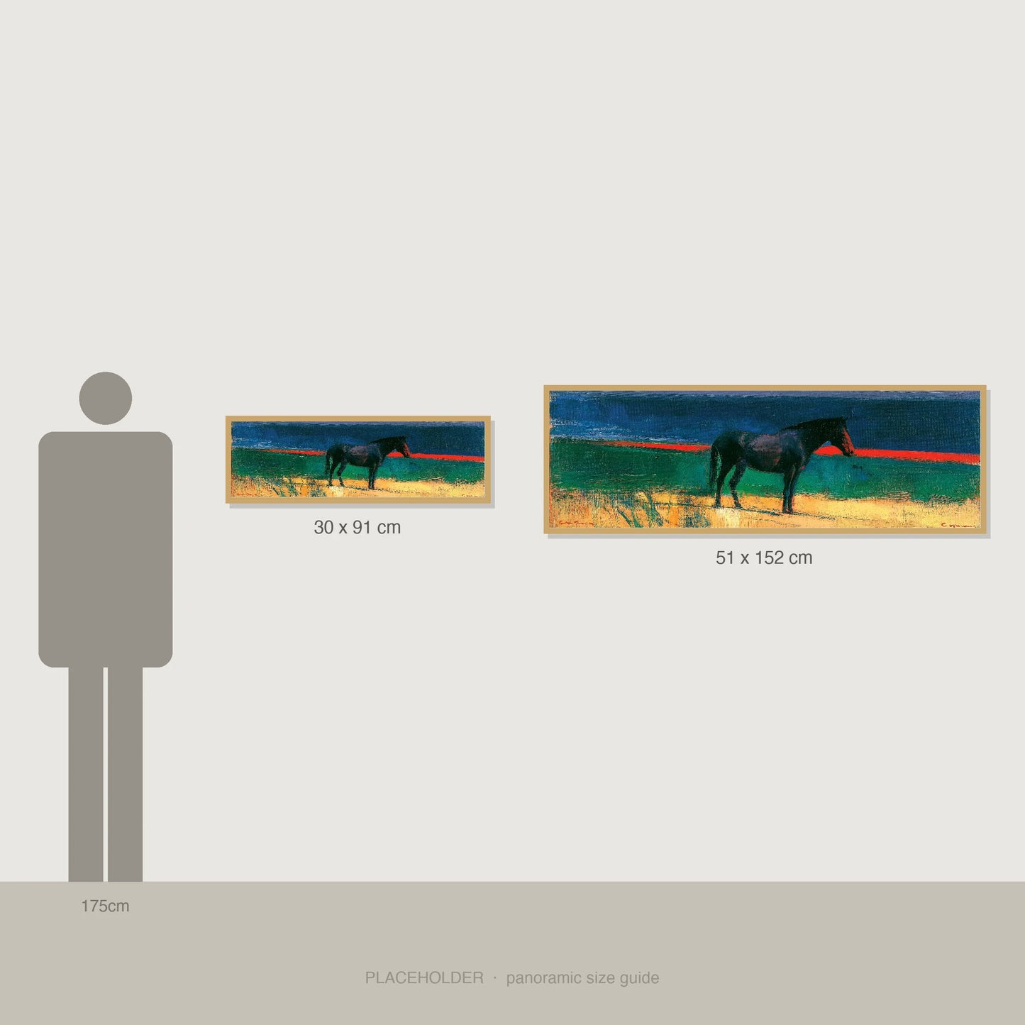 The Crimson Horizon - panoramic size guide showing 30x91cm and 51x152cm