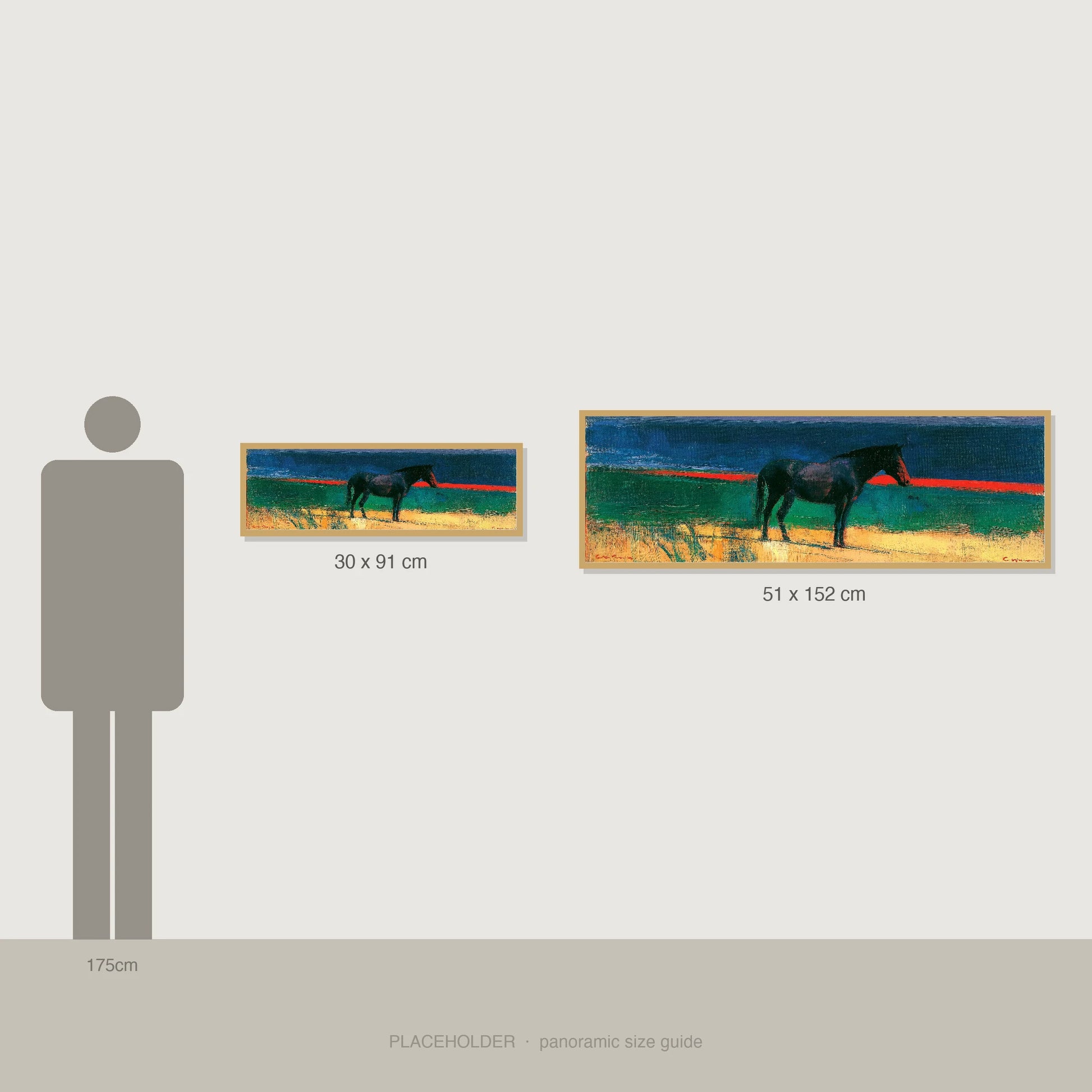 The Crimson Horizon - panoramic size guide showing 30x91cm and 51x152cm