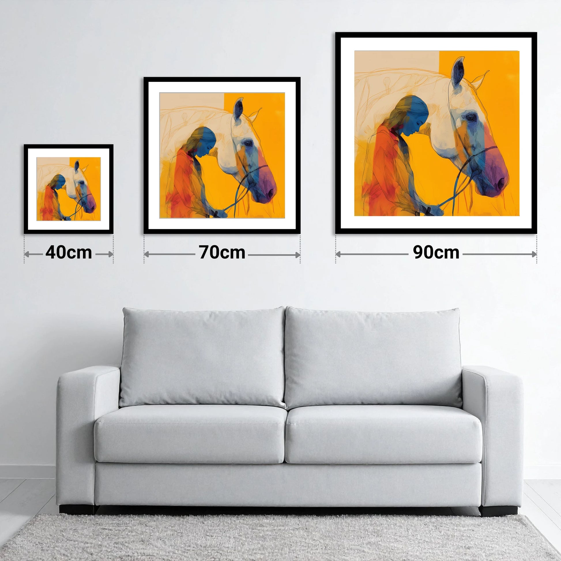 Vibrant Connection - size guide showing 40cm, 70cm and 90cm art prints