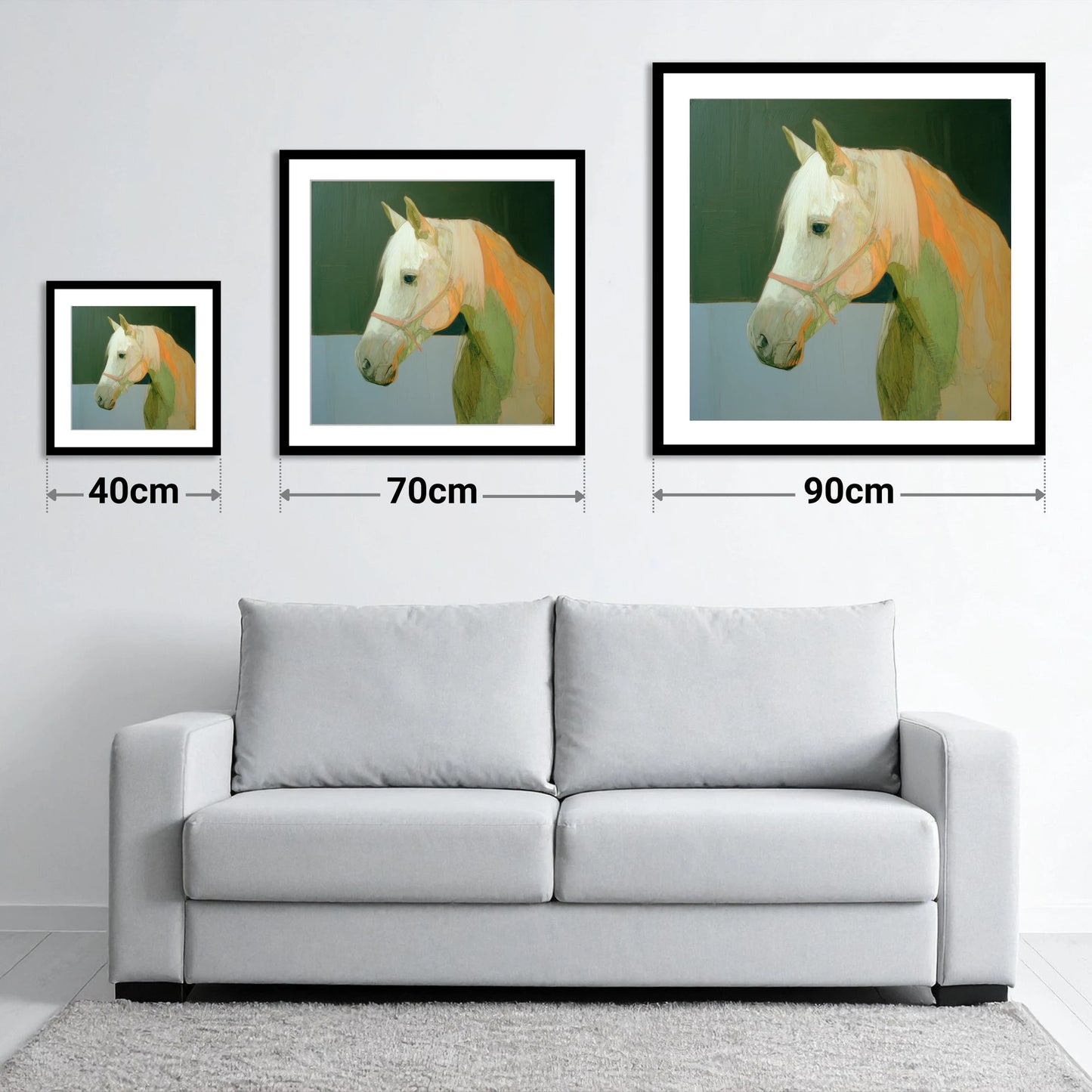 Painted Grey Profile - size guide showing 40cm, 70cm and 90cm art prints