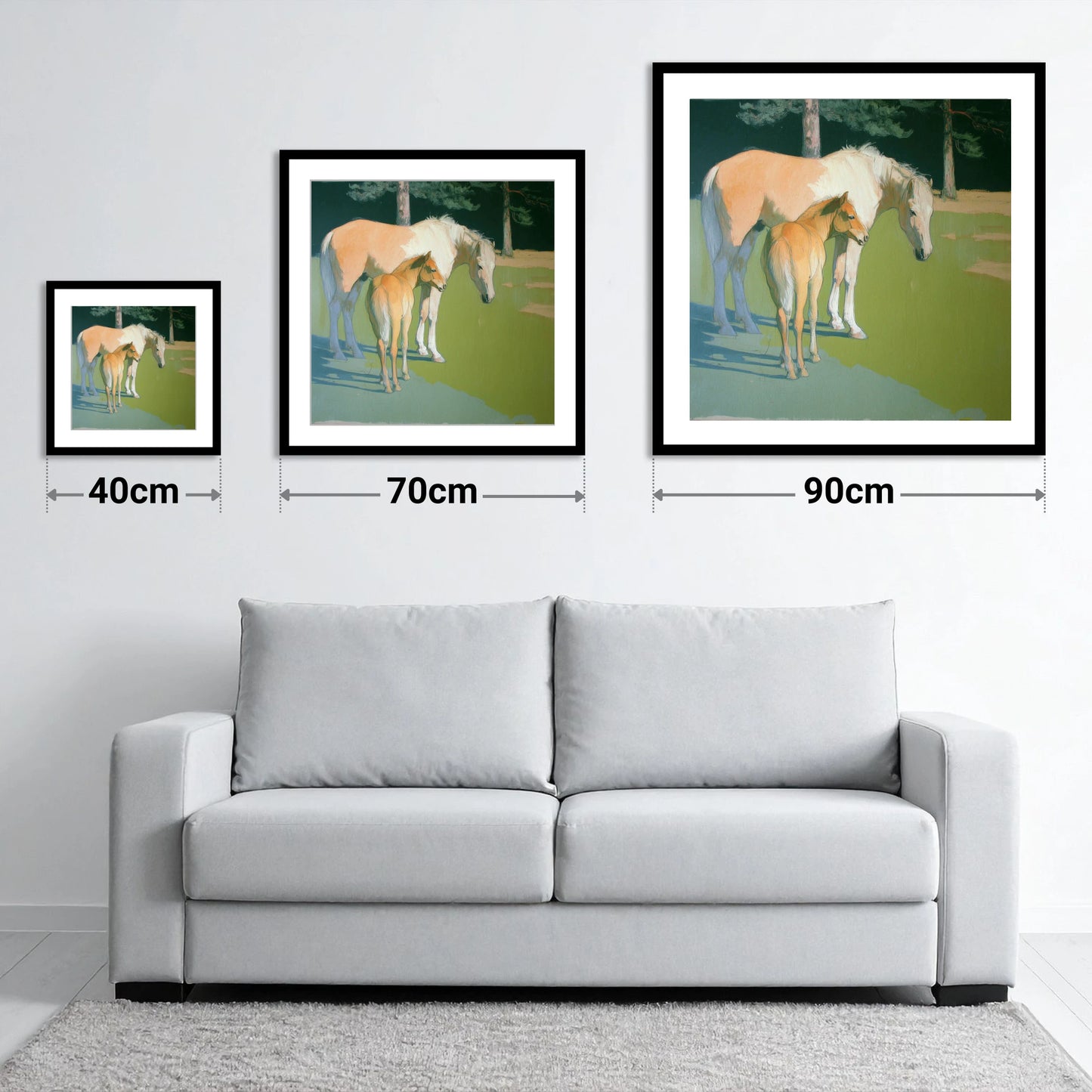 Quiet Pasture Shadows - size guide showing 40cm, 70cm and 90cm art prints
