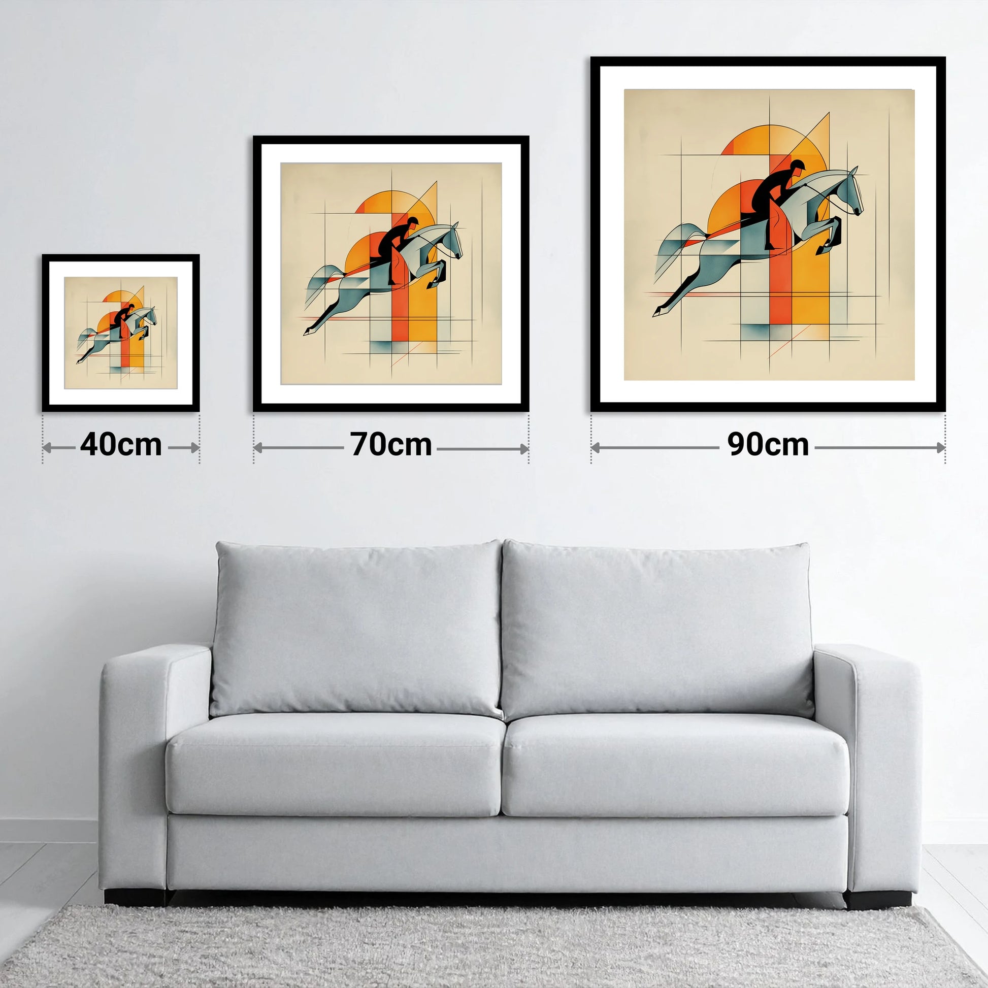 Precision in Flight - size guide showing 40cm, 70cm and 90cm art prints