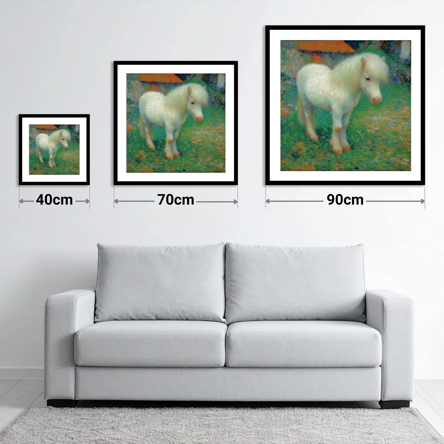 Sunlit White Pony - size guide showing 40cm, 70cm and 90cm art prints